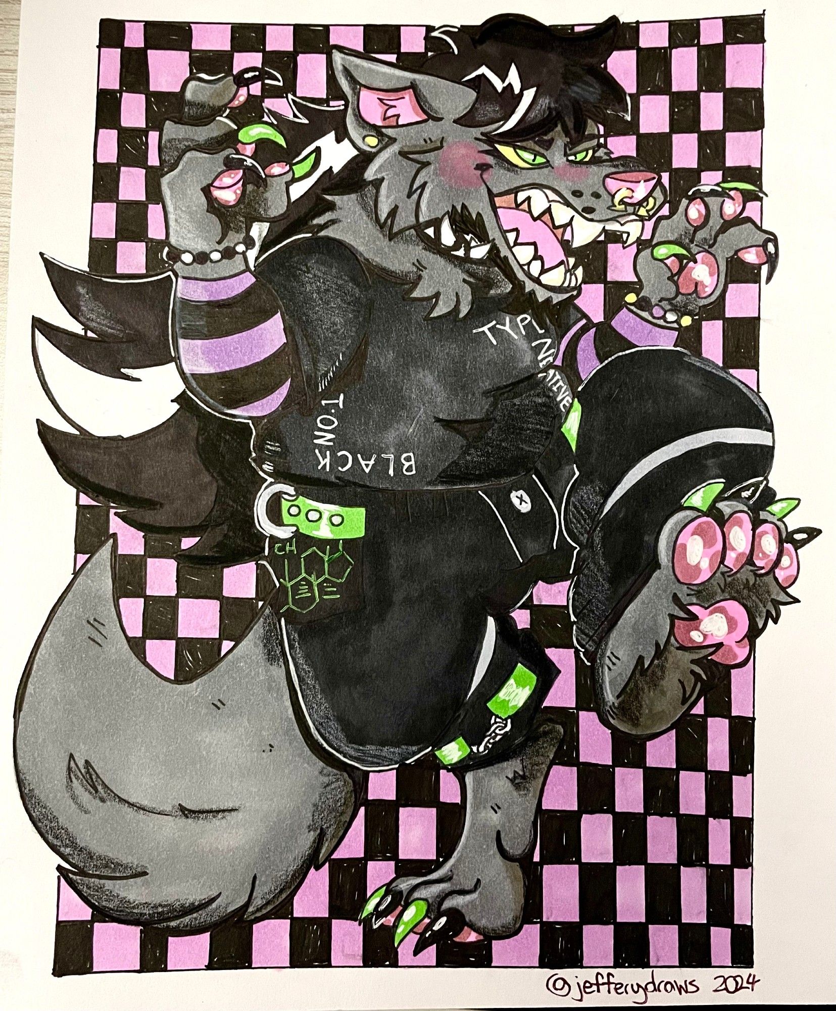 A fullbody traditional anthro art piece. The chubby wolf is wearing all black and they balance on one paw, mouth full of sharp fangs and open. The background is purple and black checker pattern.