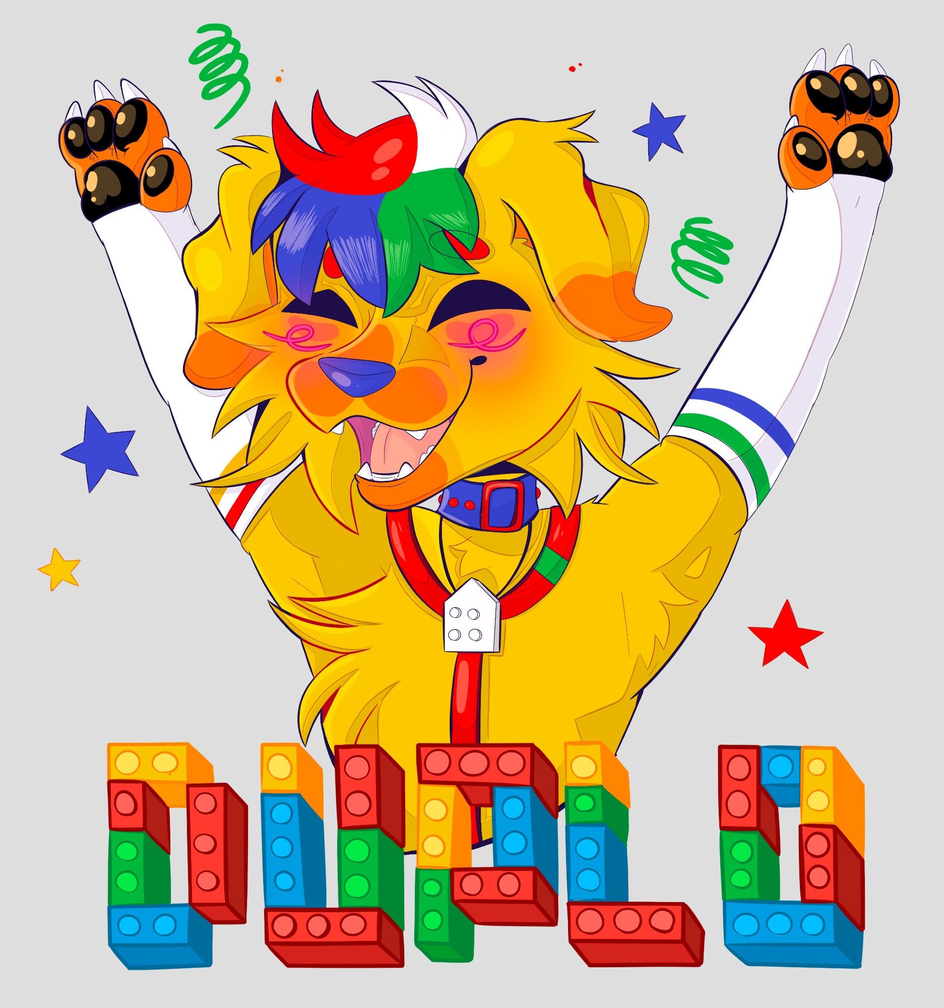 A bright yellow dog has his paws up as if he is celebrating. Muklticolour stars and swirls appear around him. He wears a blue and red collar, and red harness. His name DUPLO is spelled out in lego blocks.