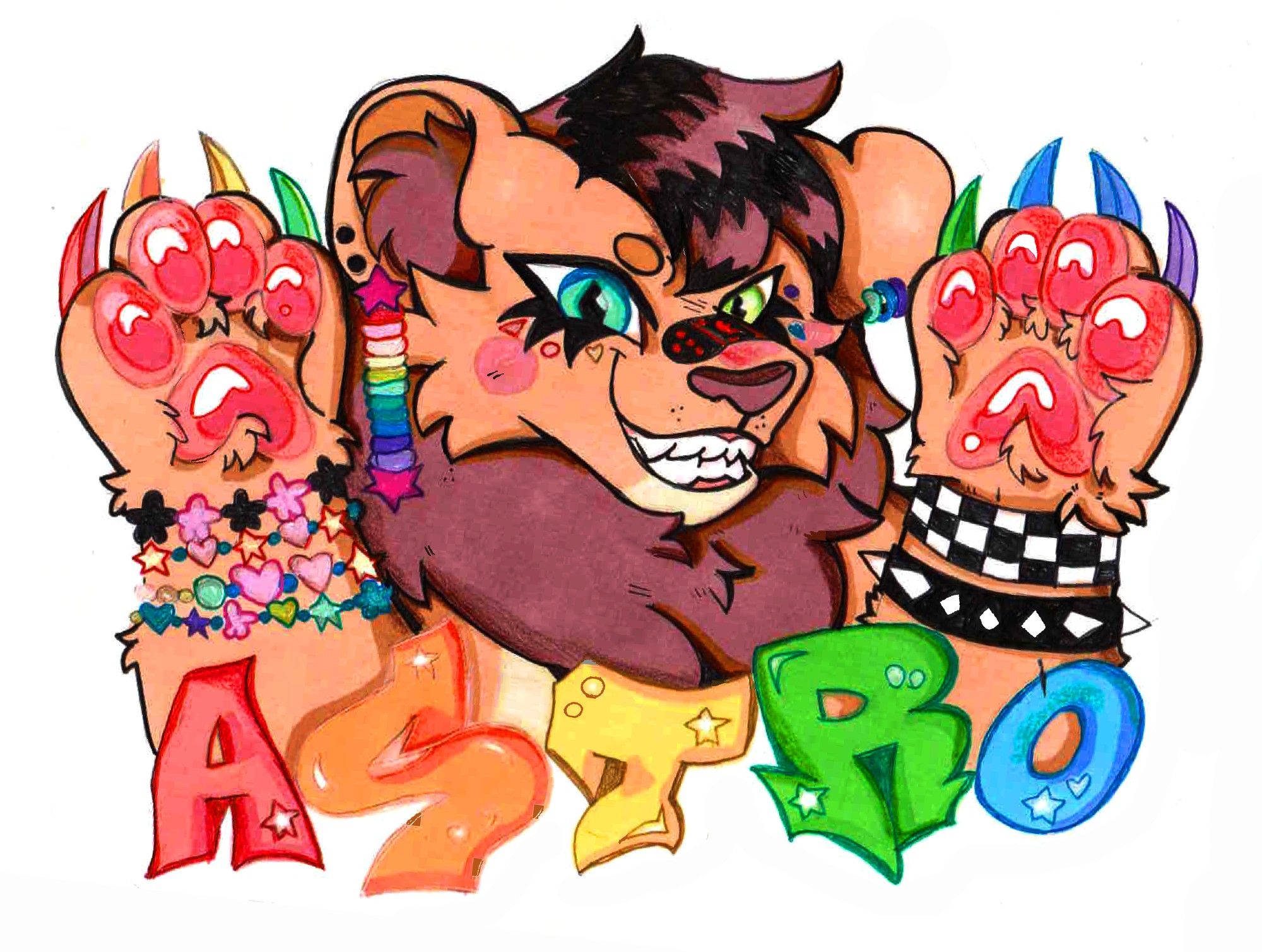 Astro the scene lion badge. She holds her paws up, smiling at the viewer. her name ASTRO is written in a rainbow graffiti font.