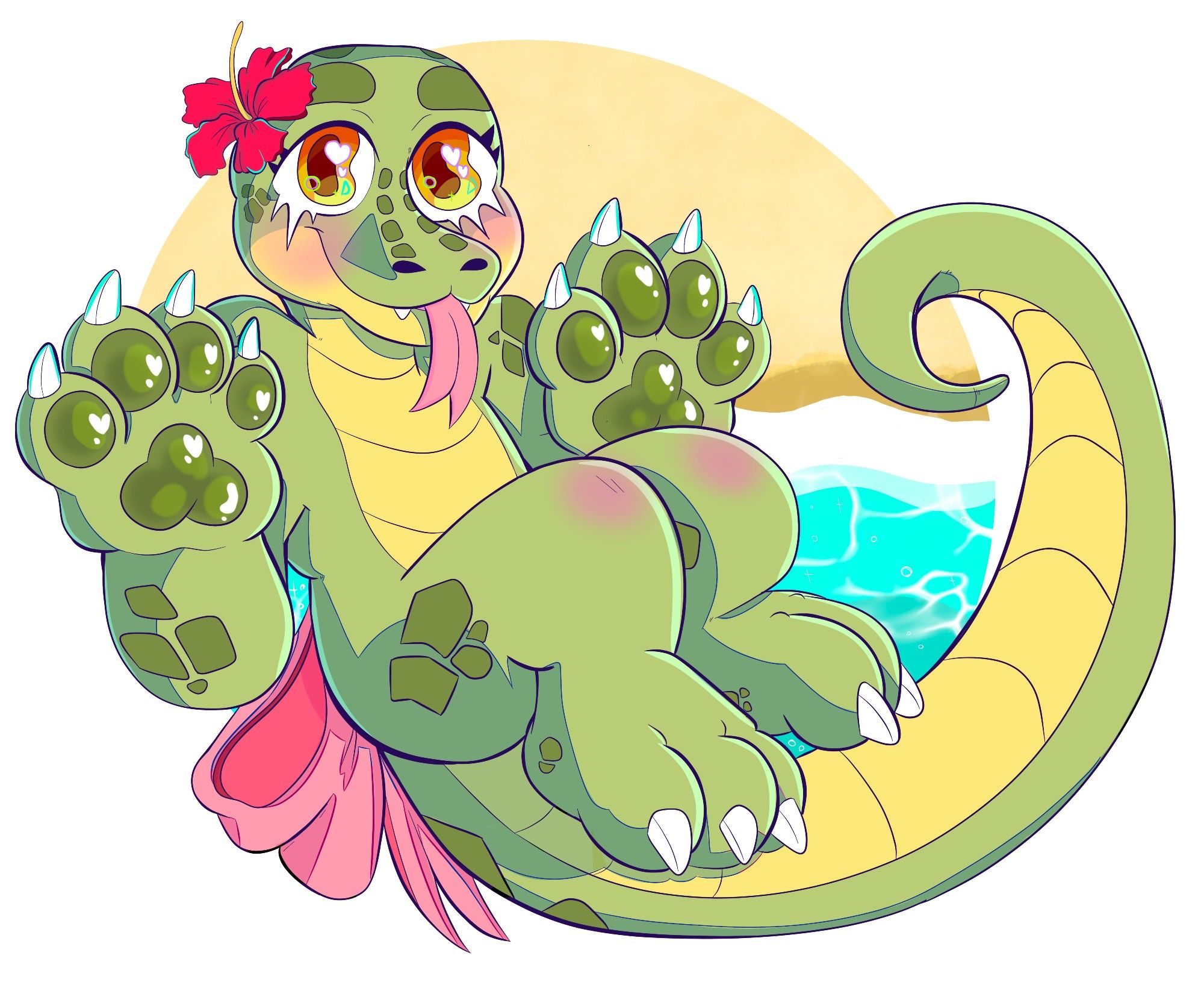 Avocado the snake holds their paws up as they lean back, floating. Their tail coils up on the side as they smile and stocl their tongue out toward the viewer. The background is a circle with a beach and water backdrop.