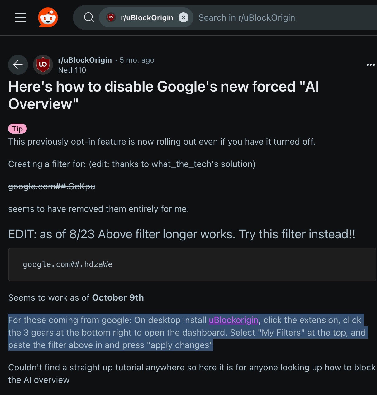 Screenshot of the Reddit Link with relevant text “for those coming from google…” highlighted in blue.