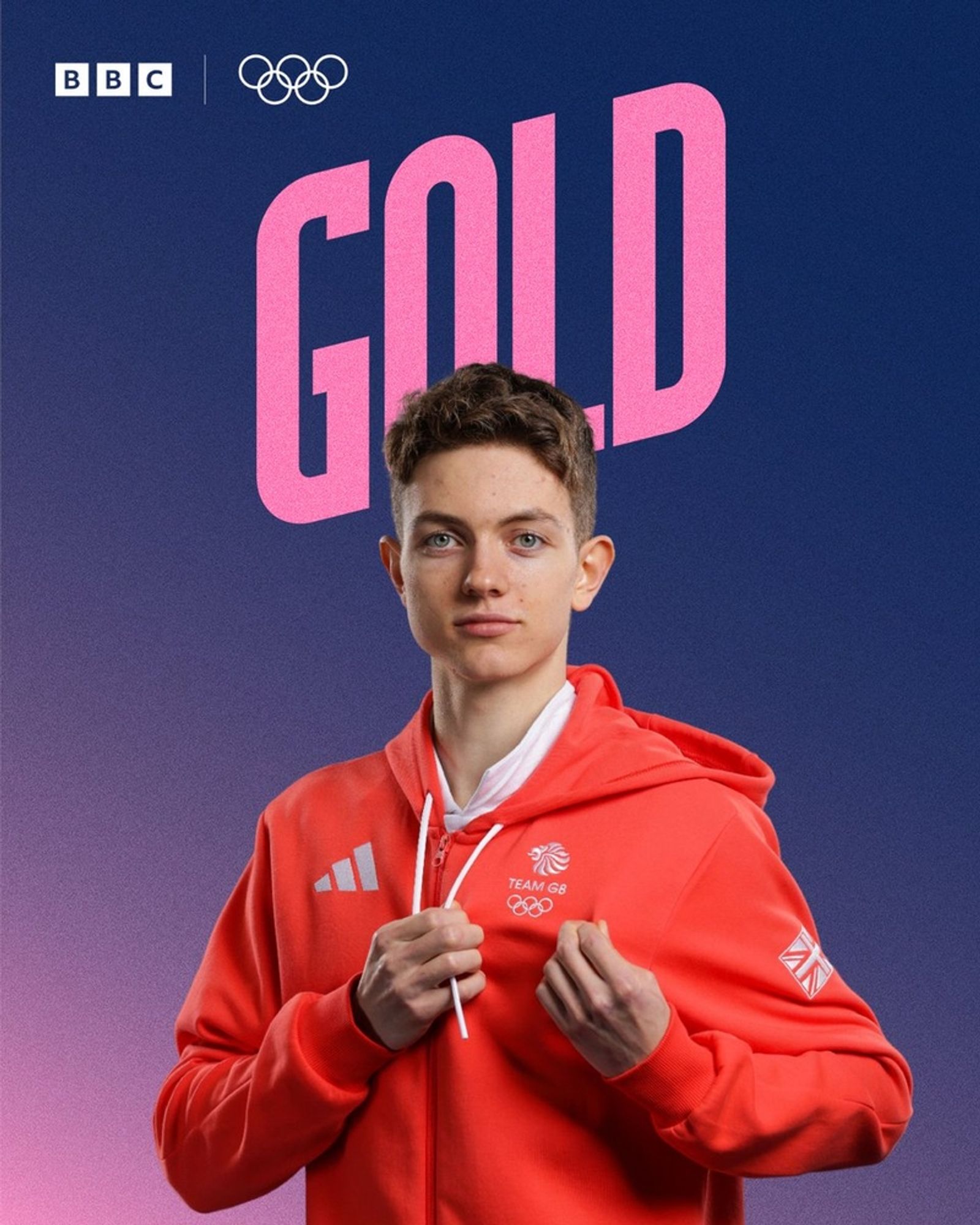 Toby Roberts poses confidently after winning a gold medal for Team GB at the Paris 2024 Olympics. He is wearing a bright red Team GB hoodie with the Olympic rings and Team GB logo on the chest. Toby is holding the drawstrings of his hoodie with both hands, looking directly at the camera. The background is a gradient of blue to purple, with the text "GOLD" prominently displayed in large pink letters above his head. The BBC logo and the Olympic rings are positioned in the top left corner of the image.