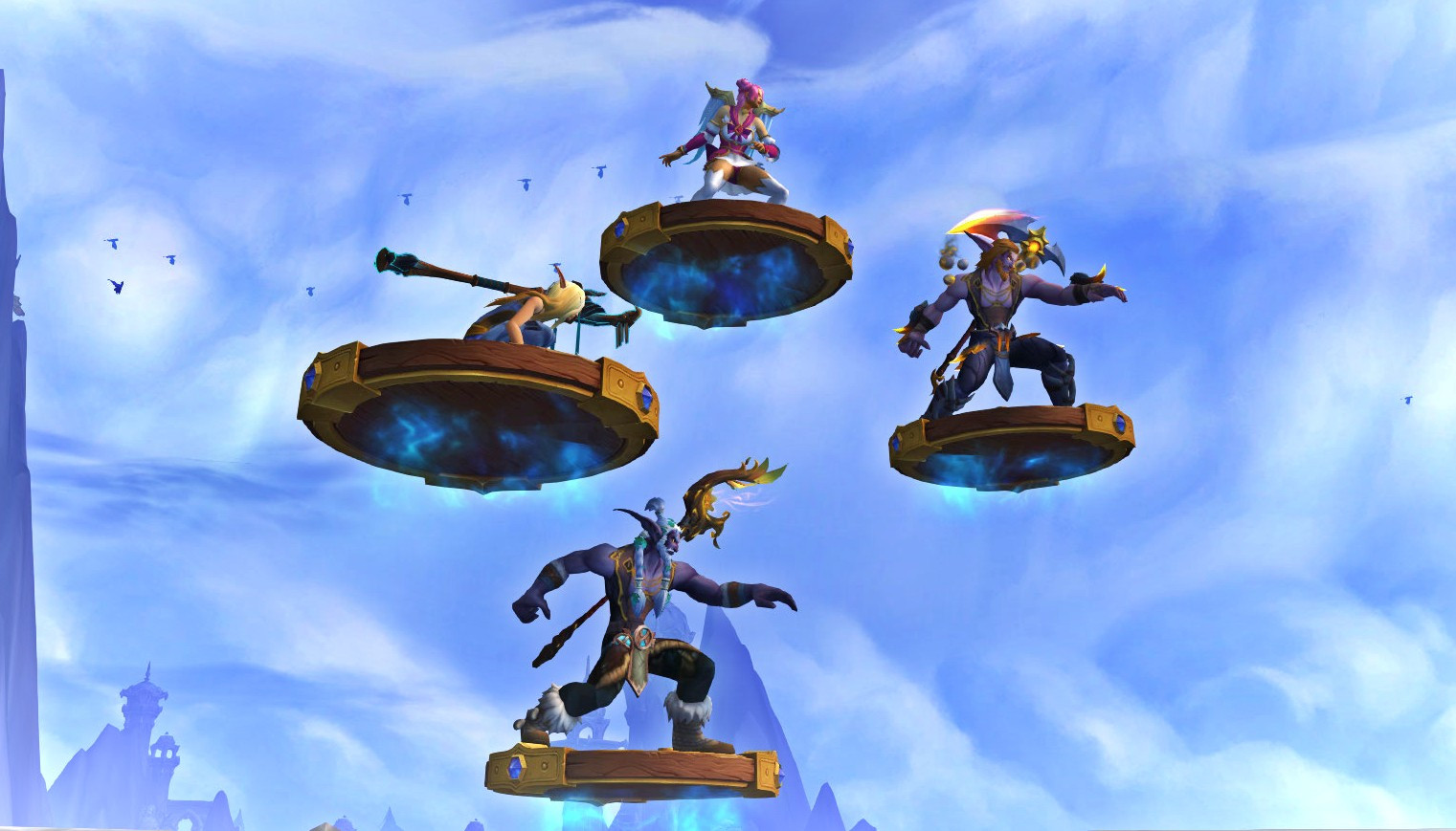 Four World of Warcraft characters, a blood elf lady, a human mage and two night elf guys, each on a flying disc, reward from the Hearthstone event in Warcraft. They are in a diamond formation with a blue sky background.