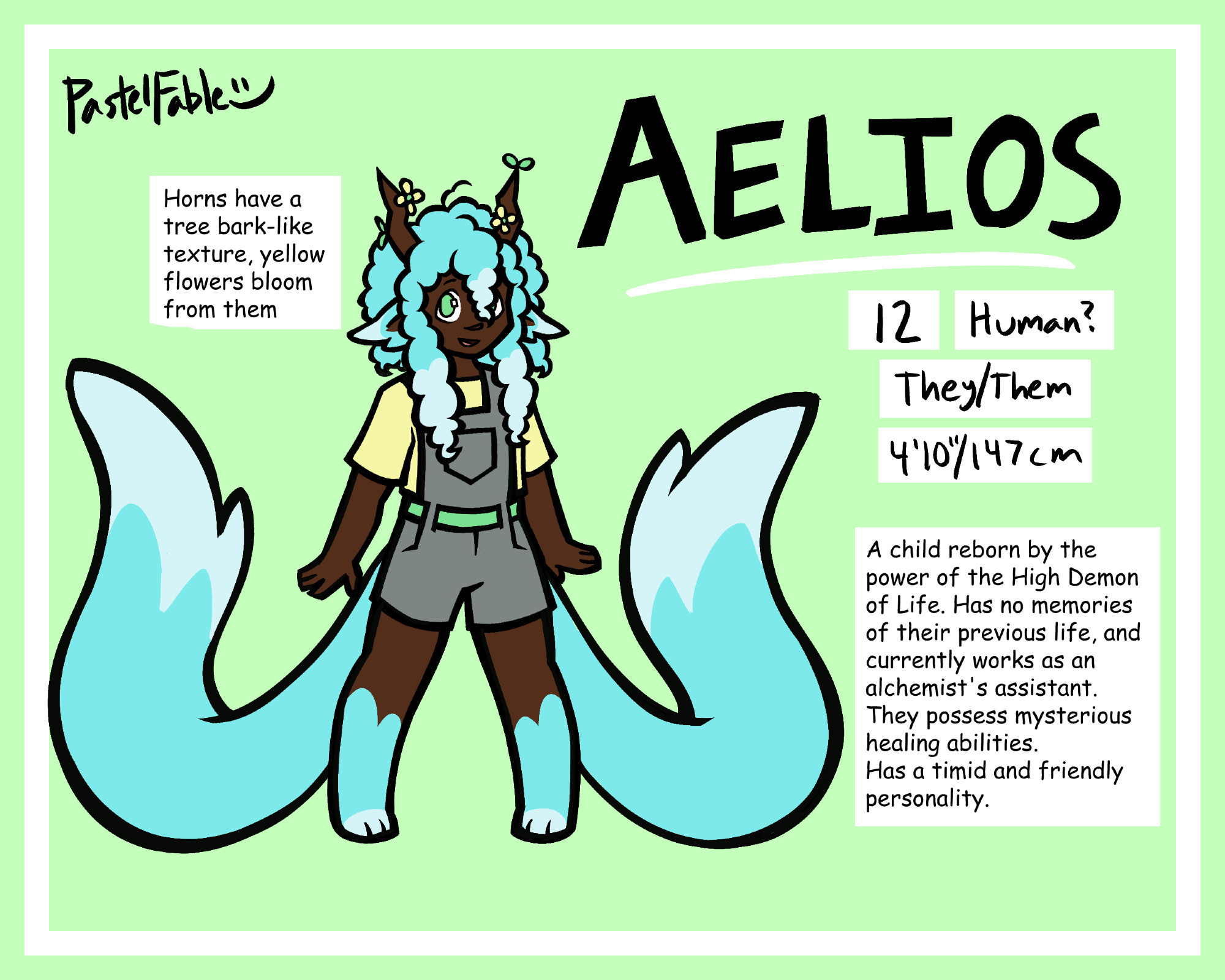 reference sheet of Fable's OC Aelios. Descriptions read "Horns have a tree bark-like texture, yellow flowers bloom from them", 12, human?, they/them, 4'10"/147cm, "A child reborn by the power of the High Demon of Life. Has no memories of their previous life, and currently works as an alchemist's assistant. They posess mysterious healing abilities. Has a timid and friendly personality."