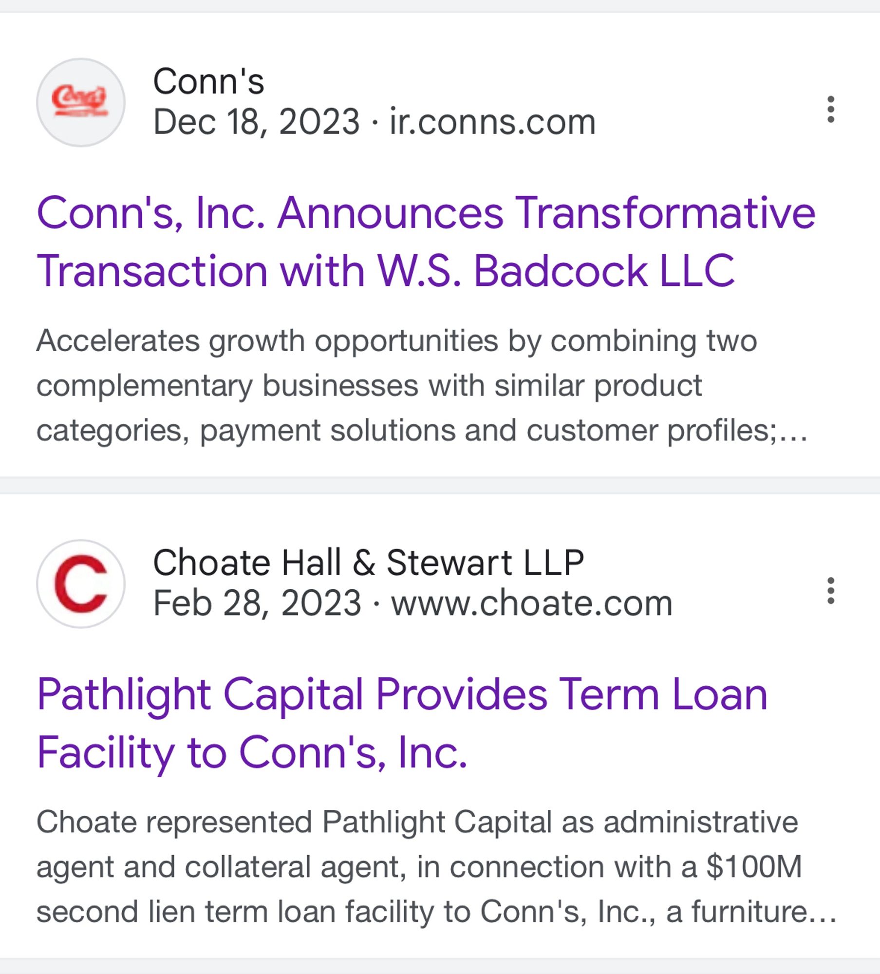 Two Google hits. 

The bottom, February 2023: Pathlight Capital provides term loan facility to Conns Inc.

The top, December 2023: Conns Inc. announced a transformative transaction with WS Badcock LLC

Conns is closing all its stores. Private equity AGAIN.