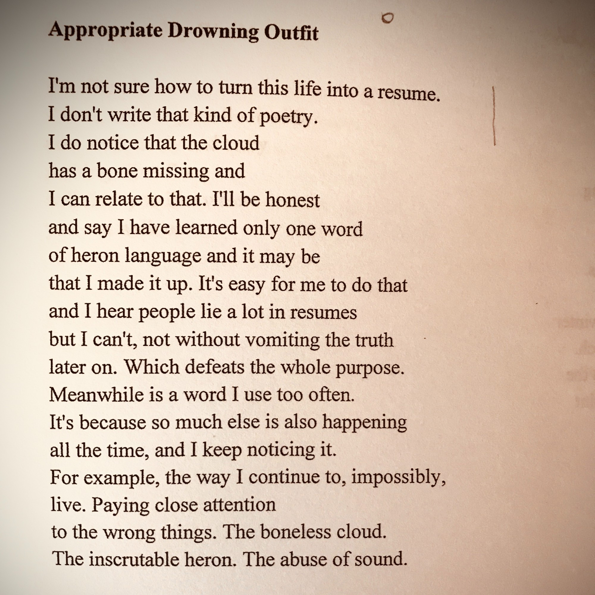 Appropriate Drowning Outfit (a poem by Kyla Houbolt)

I'm not sure how to turn this life into a resume.
I don't write that kind of poetry.
I do notice that the cloud
has a bone missing and
I can relate to that. I'll be honest
and say I have learned only one word
of heron language and it may be
that I made it up. It's easy for me to do that
and I hear people lie a lot in resumes
but I can't, not without vomiting the truth
later on. Which defeats the whole purpose.
Meanwhile is a word I use too often.
It's because so much else is also happening
all the time, and I keep noticing it.
For example, the way I continue to, impossibly,
live. Paying close attention
to the wrong things. The boneless cloud.
The inscrutable heron. The abuse of sound.