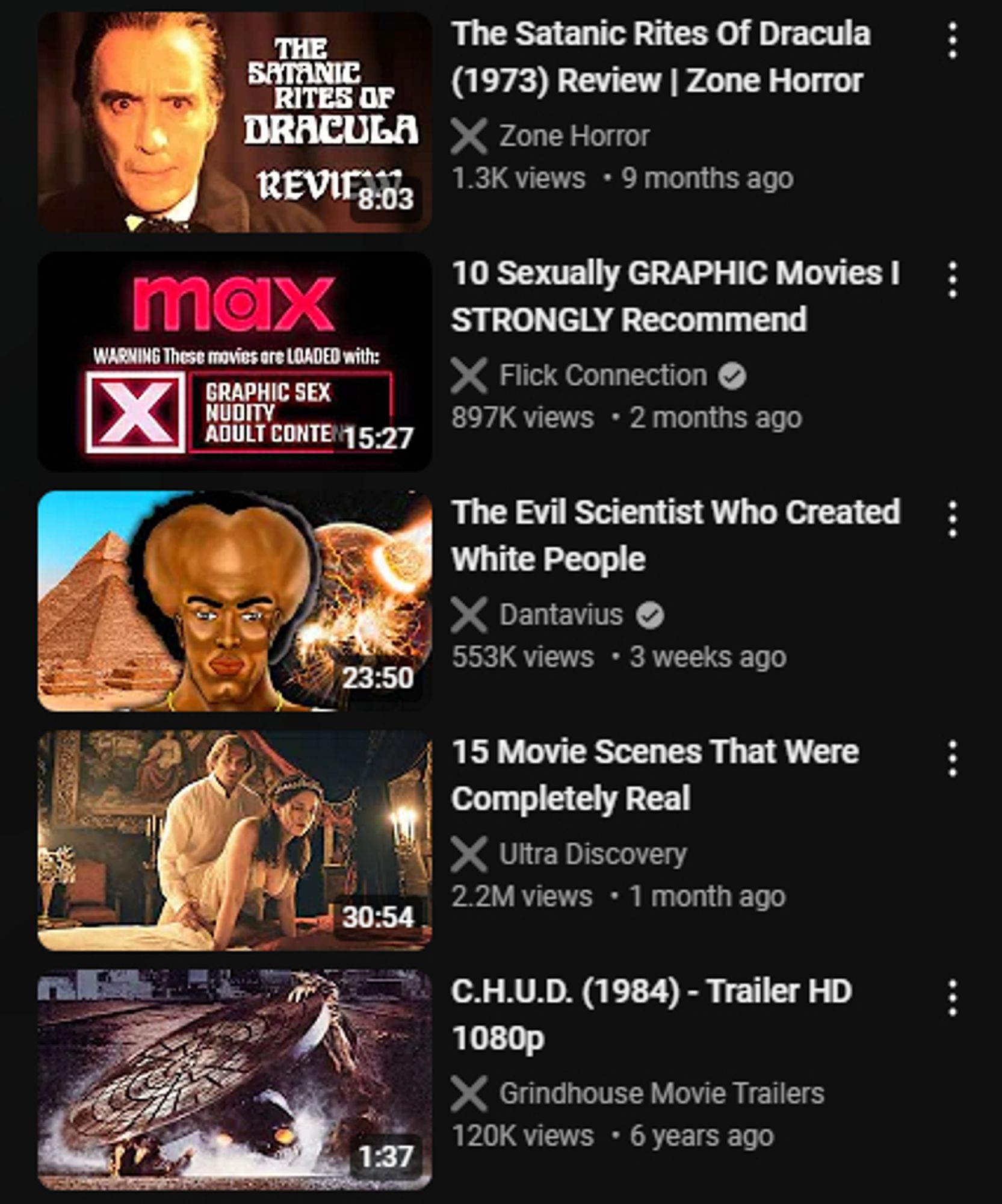 Cropped selection of previous YouTube screen, further zooming in on recommendations.  A review for The Satanic Rites of Dracula, trailer for C.H.U.D (1984), and something odd.