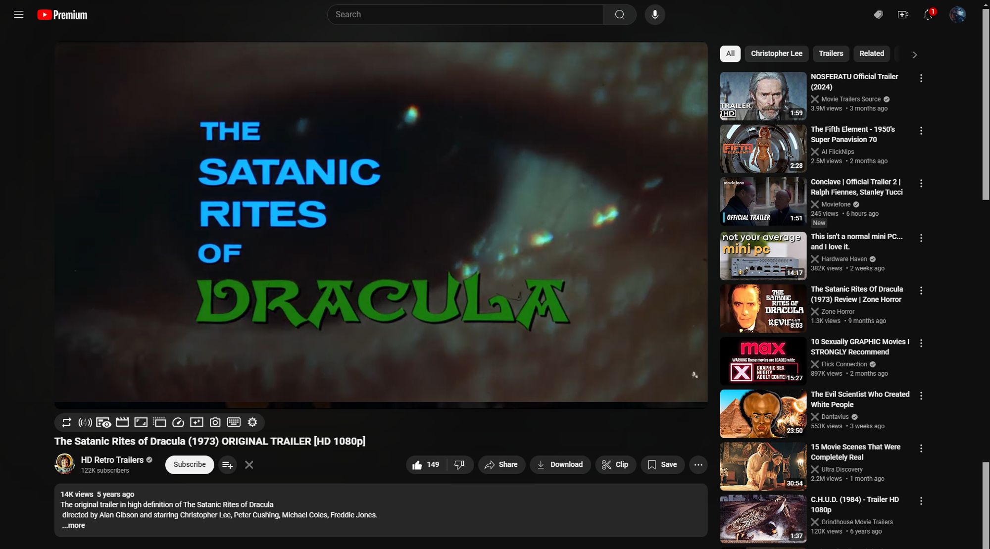 Screen capture of YouTube page, The Satanic Rites of Dracula (1973) trailer.  Over to the right is a row of recommended videos, mostly other horror movies and trailers.