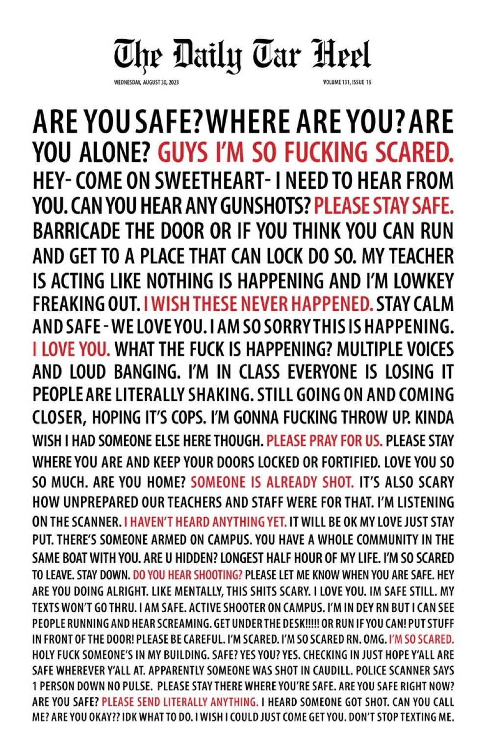 The Daily Tar Heel front page for Wednesday, August 30, 2023: a full page of bold faced, all caps text in black and red ink from messages during a shooting on campus.