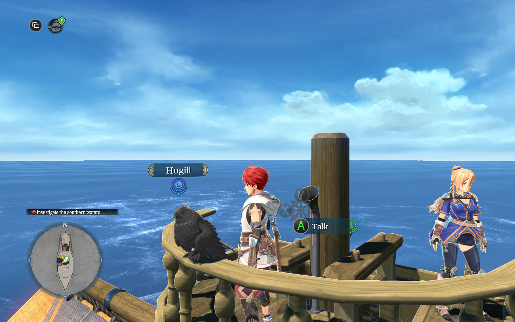 Adol and Karja are standing near Hugill who is perched on the railing of the mast.