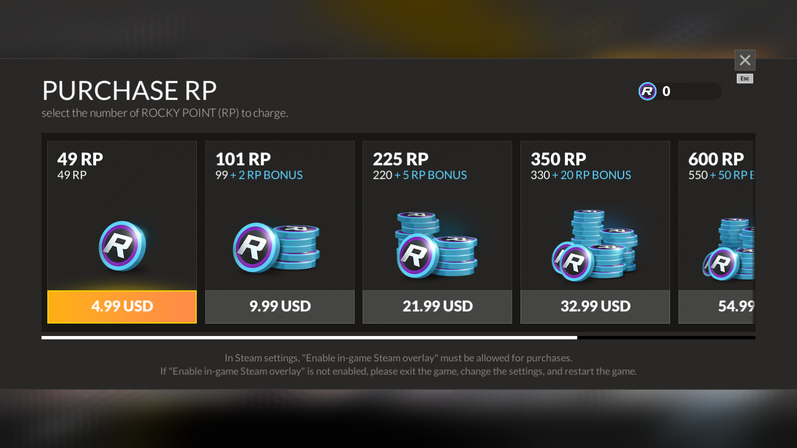 A screenshot of the Rocky Point (RP) shop screen.

There are various quantities of RP listed as well as their prices ranging from 49 RP for $4.99 USD to 600 RP for $54.99 USD. Not shown in the screenshot is the maximum amount which is 1130 RP for $99.99 USD.