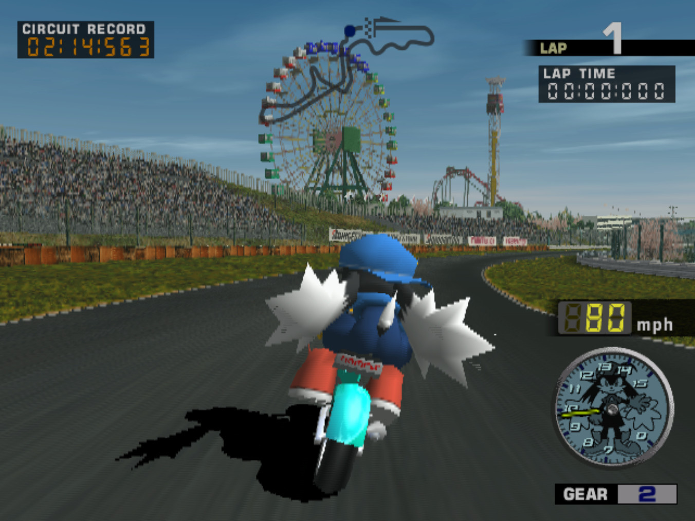 Screenshot from Namco's MotoGP game for the PS2 released in 2000, with special guest rider Klonoa. He is a good boy.