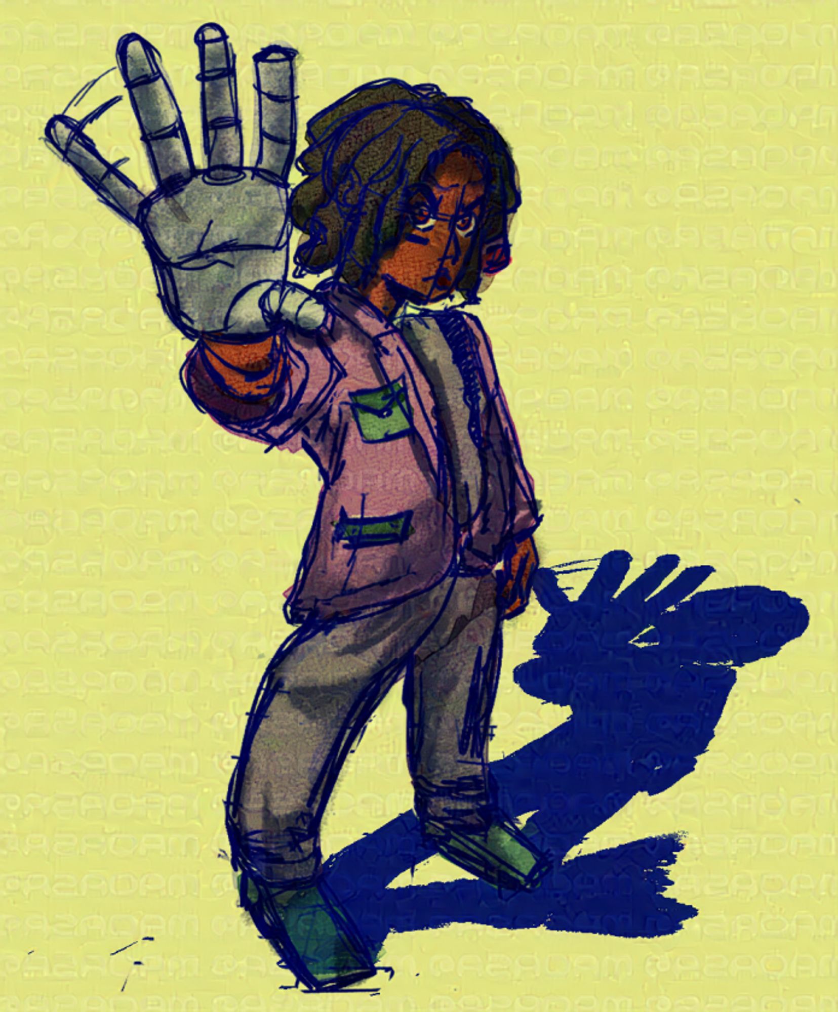 Sketch of a black woman with a purple jacket with short dreadlocks and a chrome, robotic hand staring at the camera angrilly.