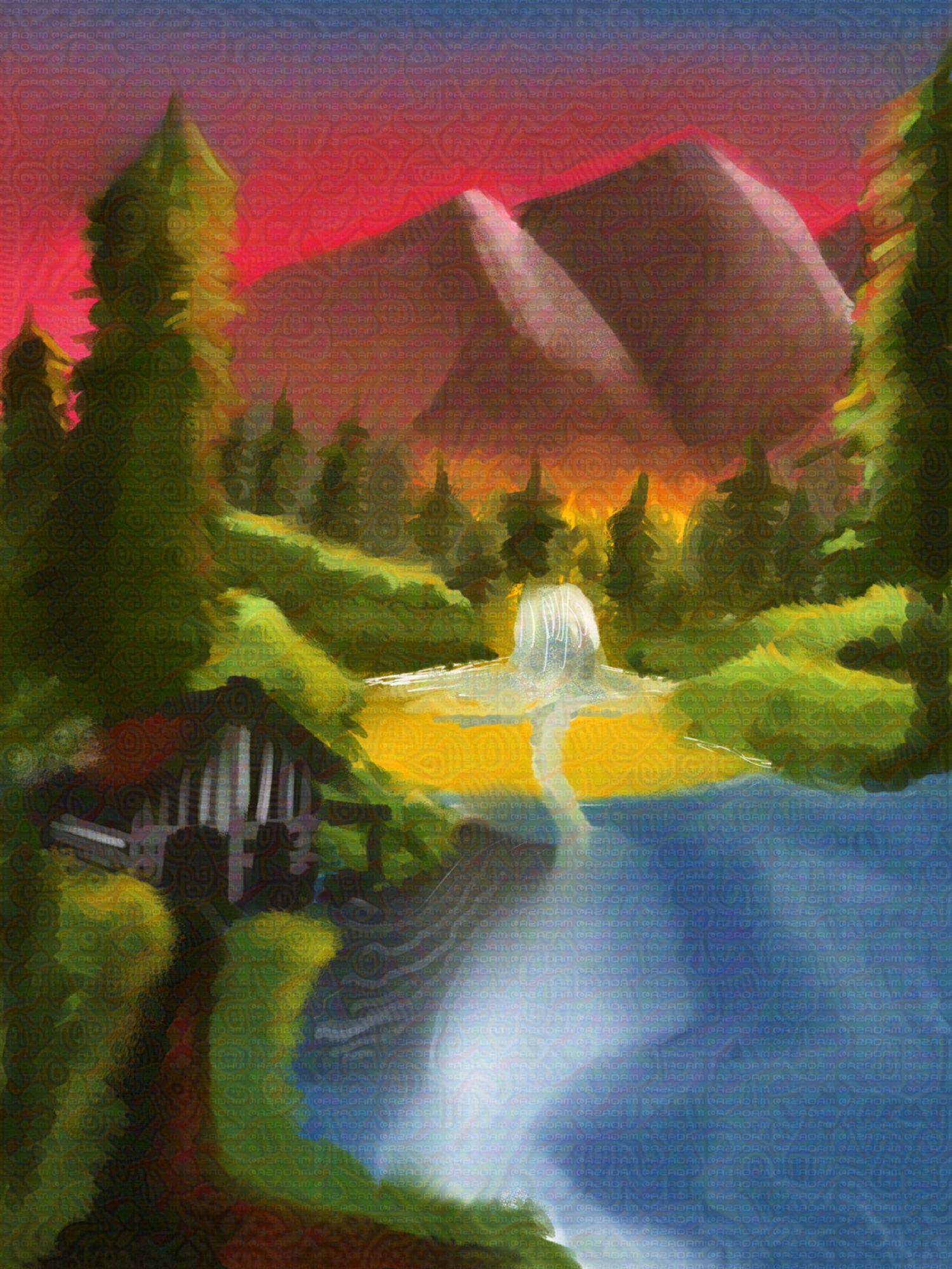 A painting of a set of mountains in a forest location, surrounded by trees and accompanied by a cabin on a separate mass of land.