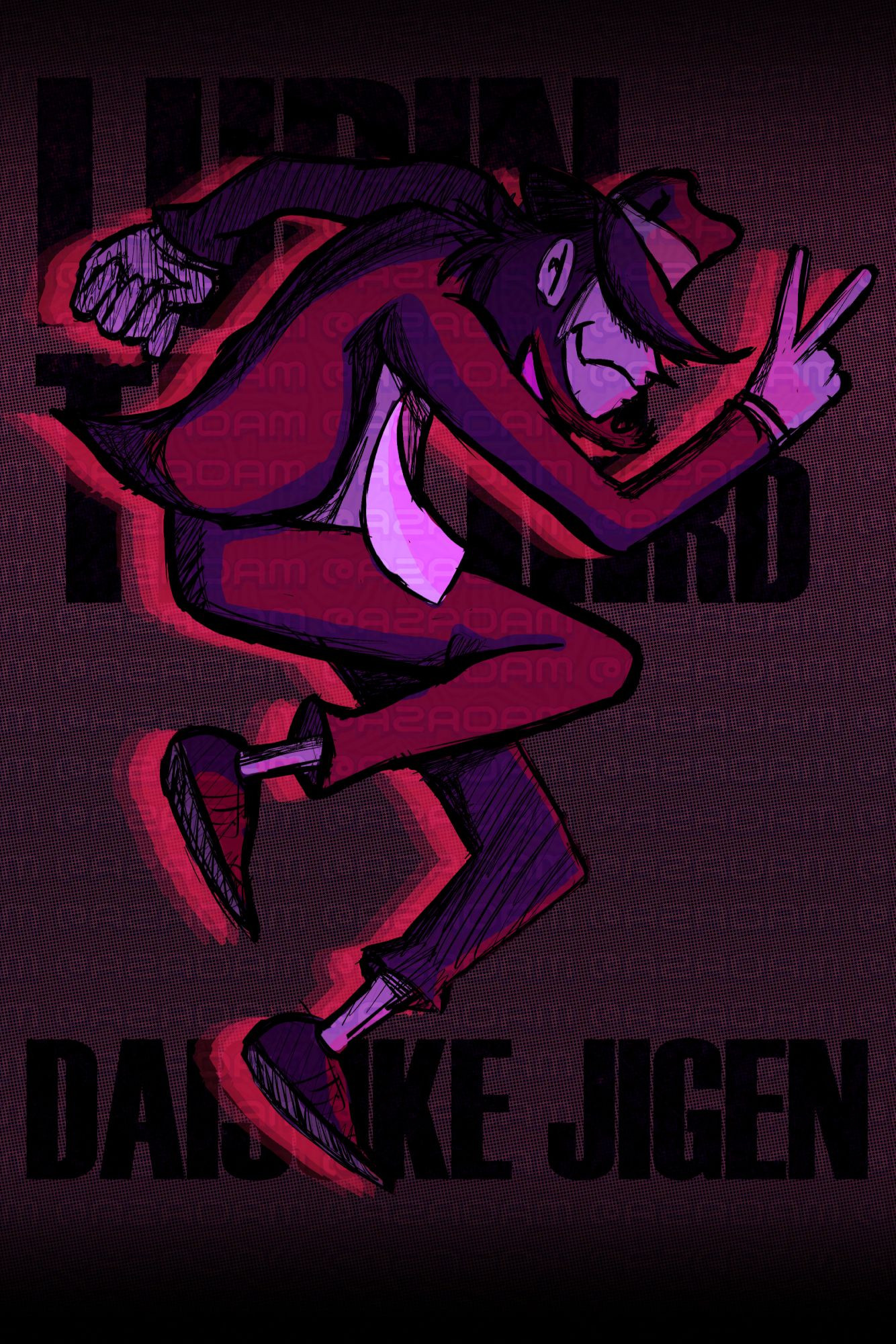 Daisuke Jigen from Lupin the 3rd on a purple gradient background in the air, holding up the peace sign from a side profile