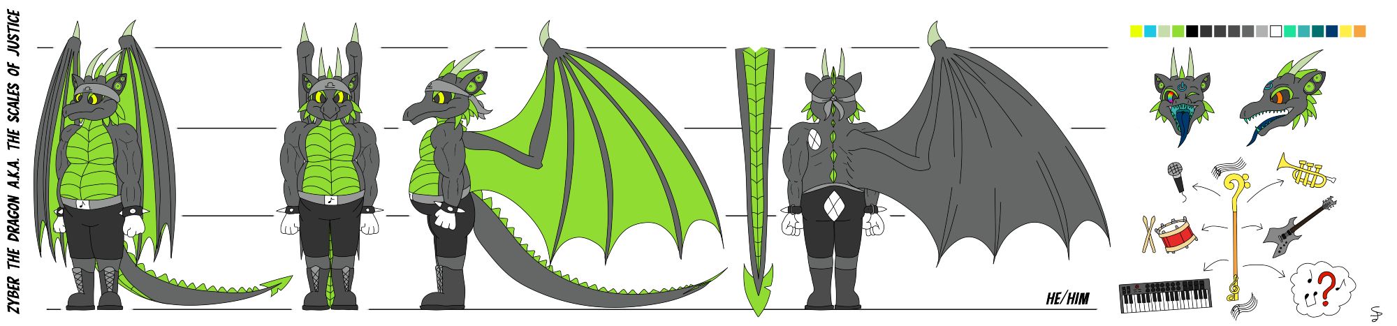 Zyber Dragon Sona (black and green anthro cyborg-like dragon) reference sheet - art by Pablo J. Sandoval