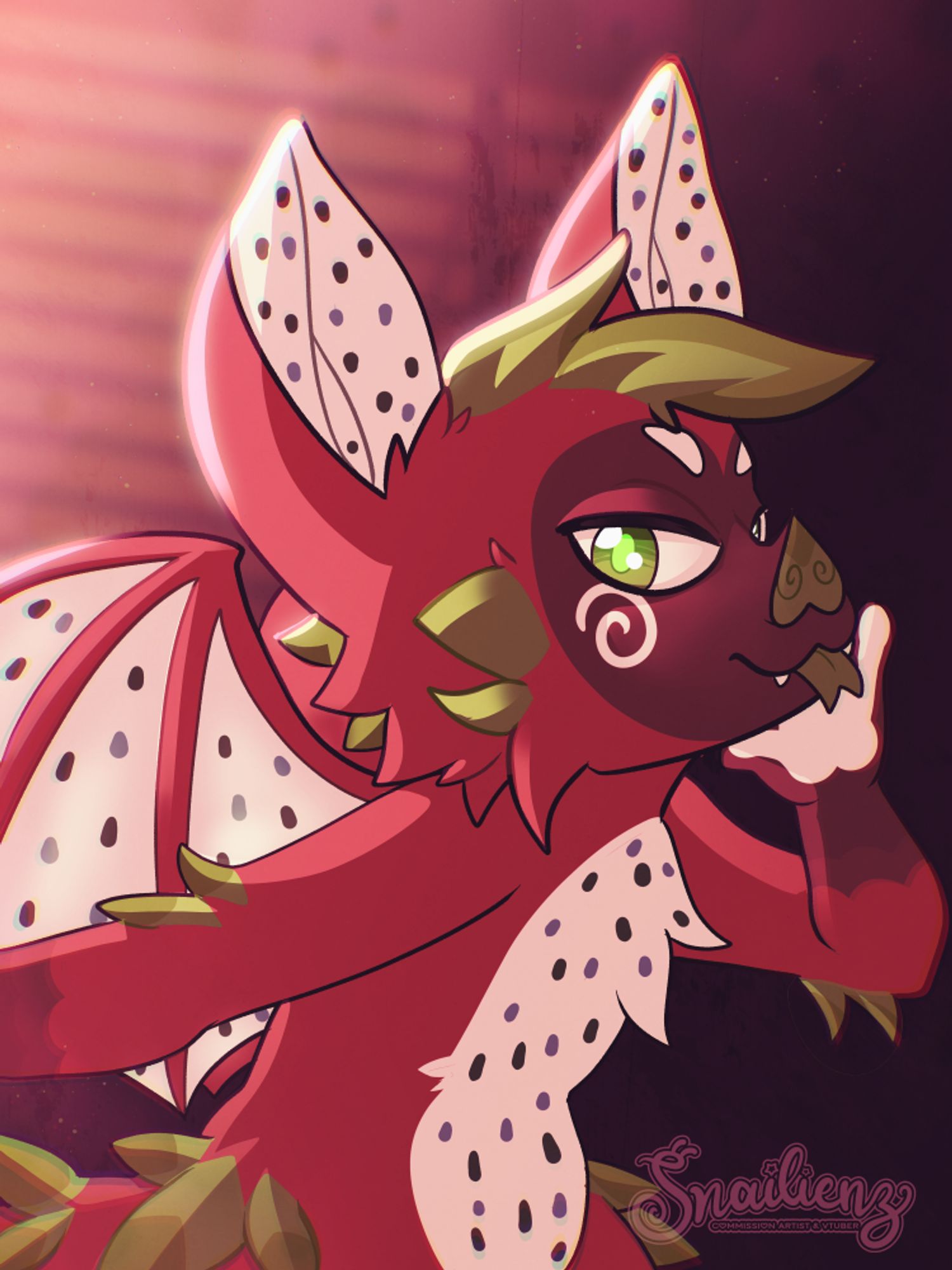 a dragonfruit themed bat character in cool dramatic lighting