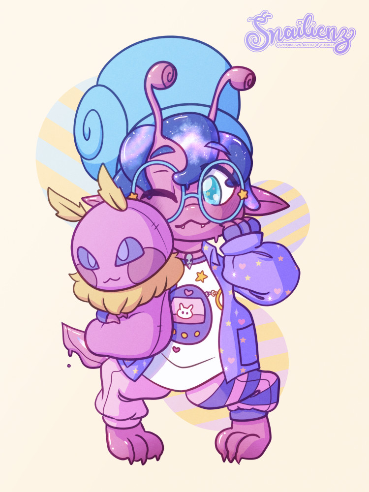 cute bby snell in a pastel kawaii outfit hugging a plushie of their fiance's sona