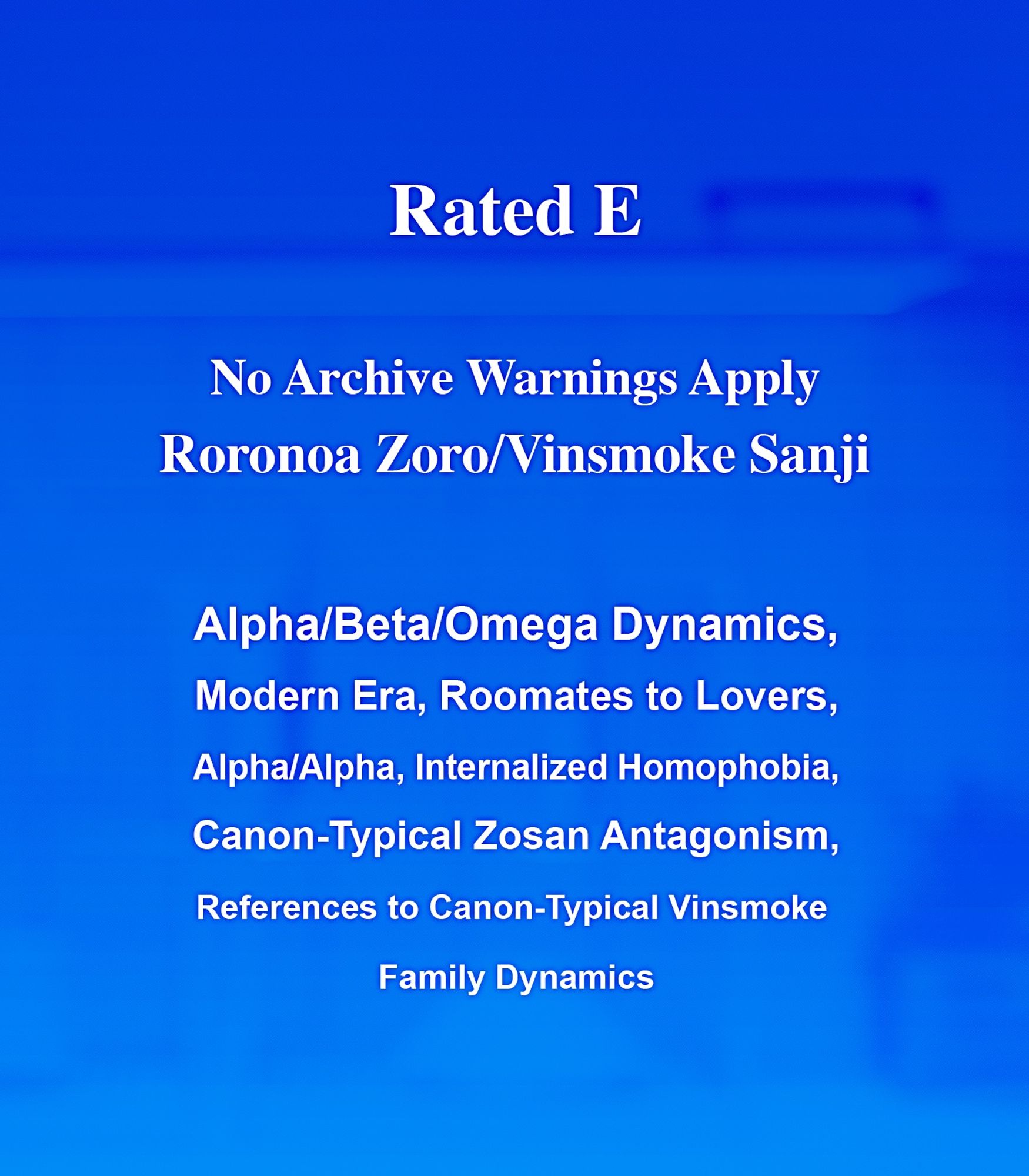 A fic graphic showing the fic's rating and AO3 tags. Rated: Explicit. Warnings: No Archive Warnings Apply. Ship: Roronoa Zoro/Vinsmoke Sanji. Tags: Alpha/Beta/Omega Dynamics, Modern Era, Roommates to Lovers, Alpha/Alpha, Internalized Homophobia, Canon-Typical Vinsmoke Family Dynamics