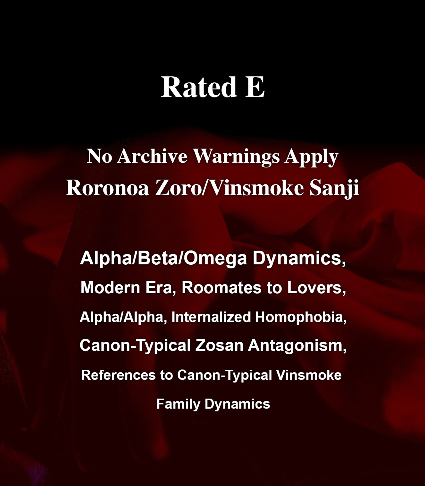 A fic graphic showing the fic's rating and AO3 tags. Rated: Explicit. Warnings: No Archive Warnings Apply. Ship: Roronoa Zoro/Vinsmoke Sanji. Tags: Alpha/Beta/Omega Dynamics, Modern Era, Roommates to Lovers, Alpha/Alpha, Internalized Homophobia, Canon-Typical Vinsmoke Family Dynamics