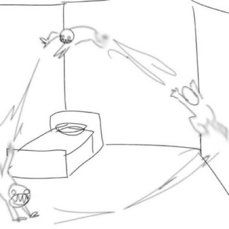 reaction image of a sketch showing a feral, low res little guy running on the walls of his room, over his bed, and across his floor at top speeds. the image conveys this poster's frenzied passion for the post they are responding to.