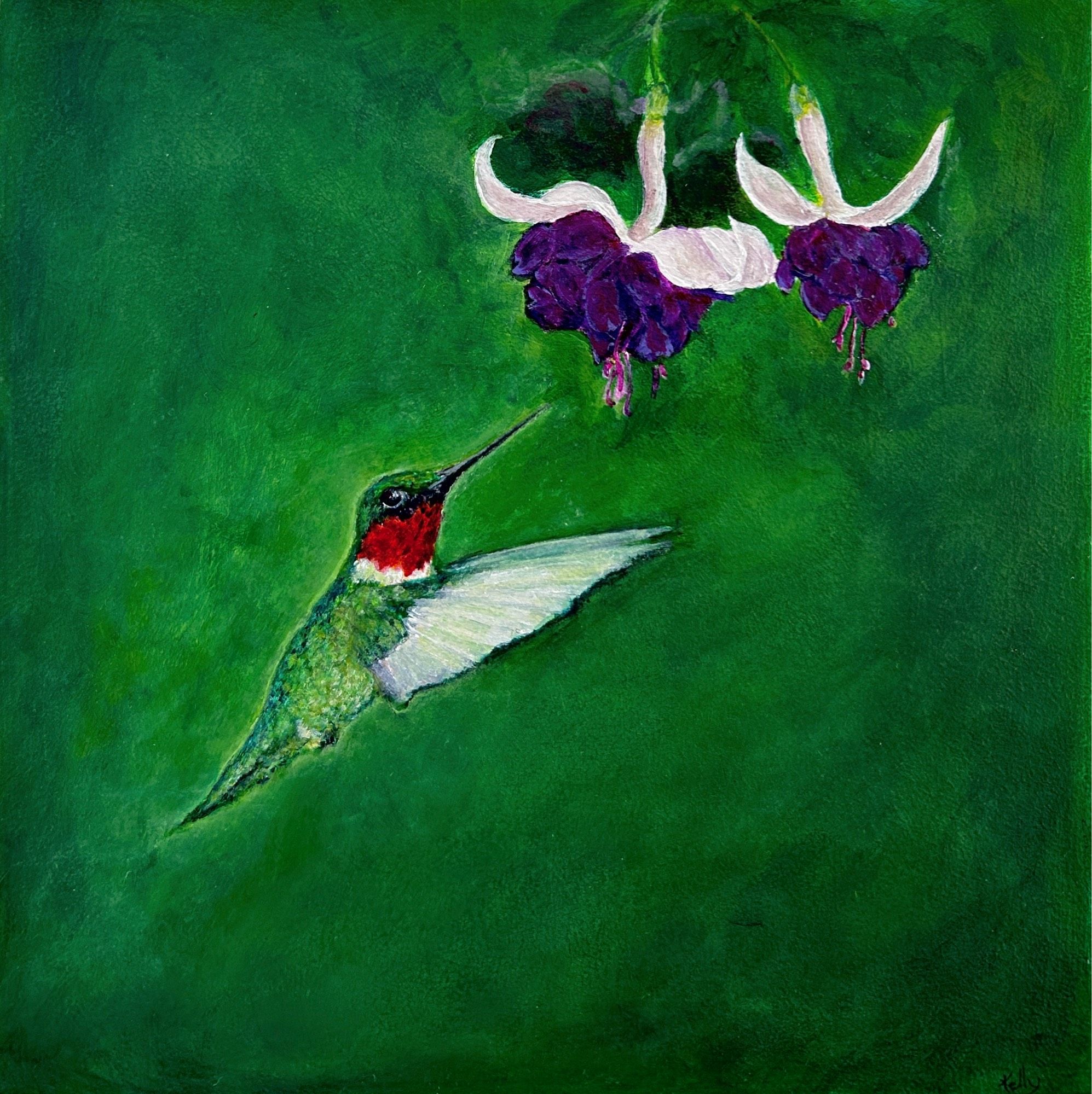 A painting of a ruby throated hummingbird flying up to purple fuchsia flowers 
The background is various shades of green