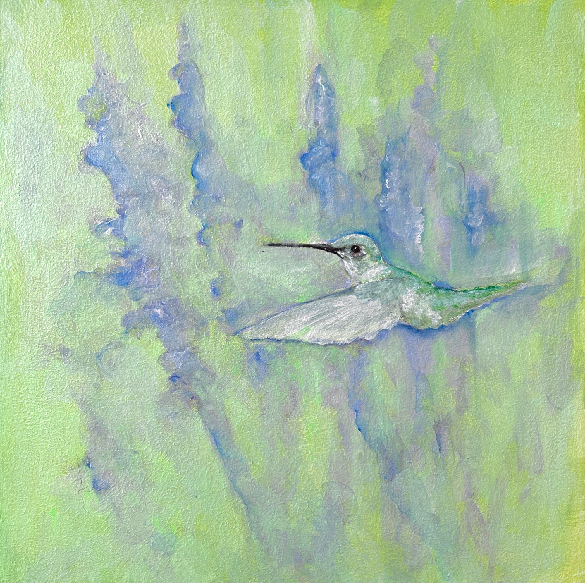 A painting of a female ruby throated hummingbird, she is in flight and there is a blur of purpley flowers mixed with a pale green background