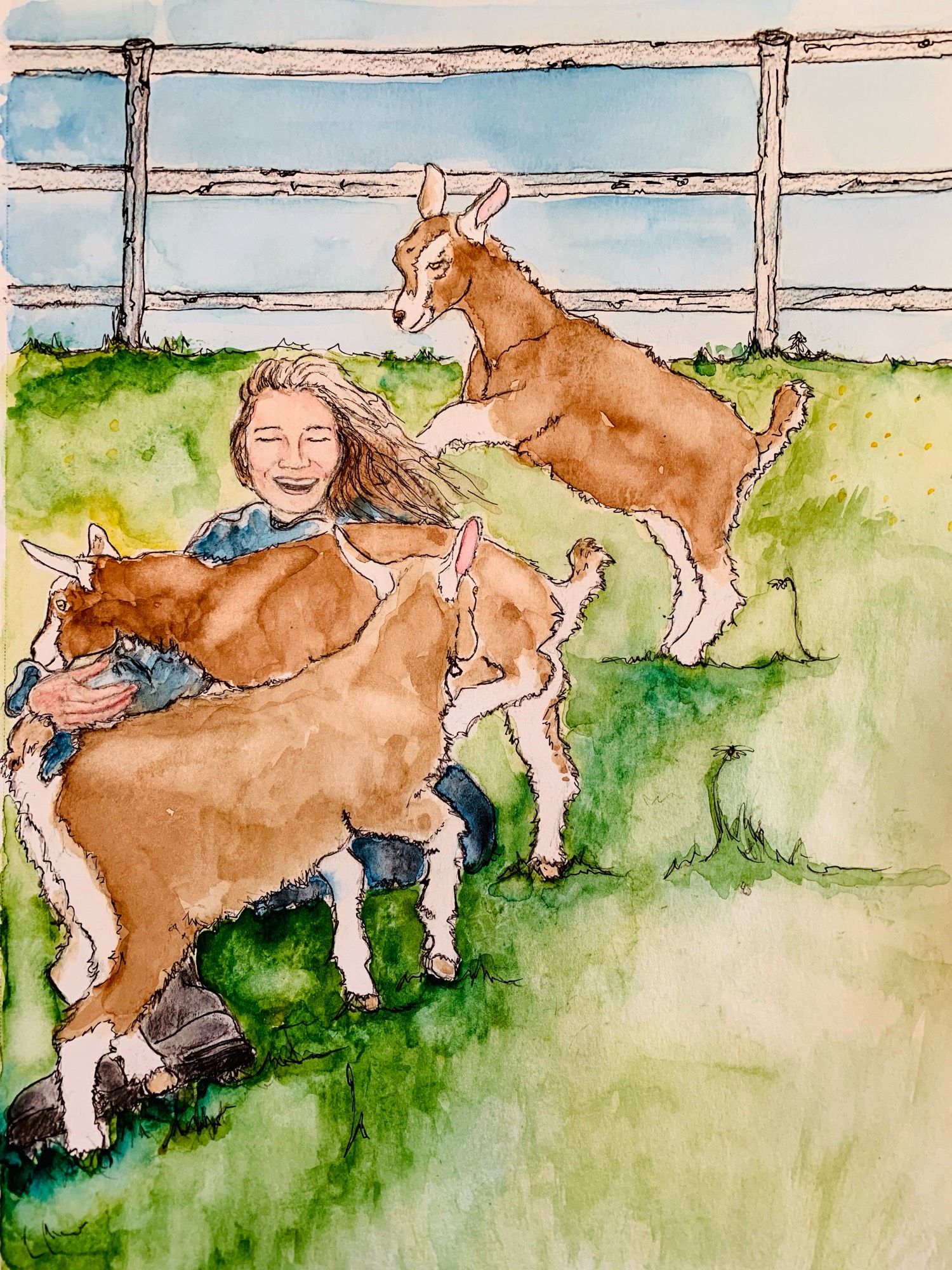 A watercolour painting of a girl sitting on a hillside with three toggenburg goat kids climbing up on her and around her. There is a white fence behind her.