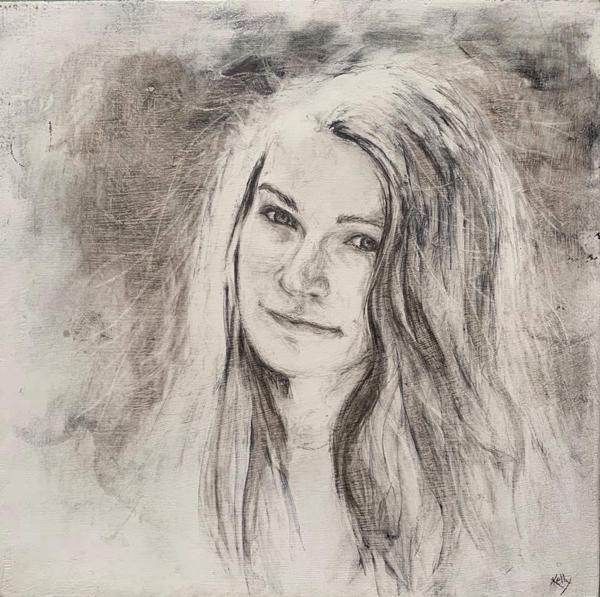 A charcoal drawing of a girl with long hair, she is looking toward the viewer with her head slightly tilted