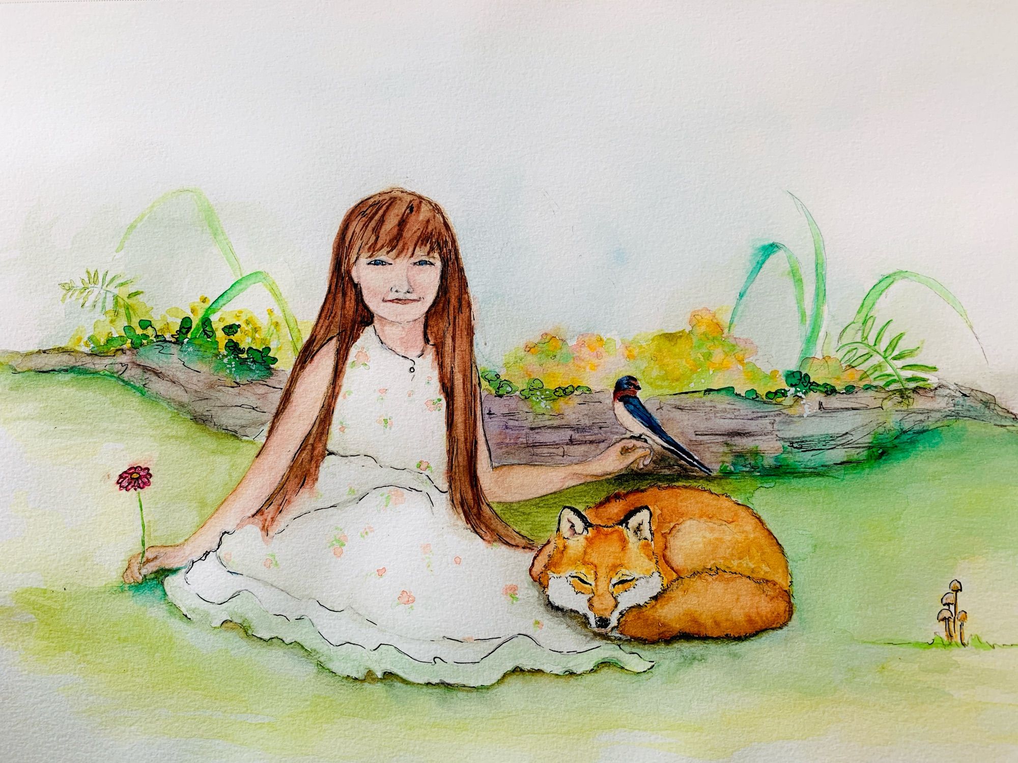 A watercolour painting of a girl with long red hair sitting on the grass with a red fox curled up beside her. There is a barn swallow sitting on her hand and she is holding a flower in the other hand. There is a Little Rock wall behind her with flowers and plants.