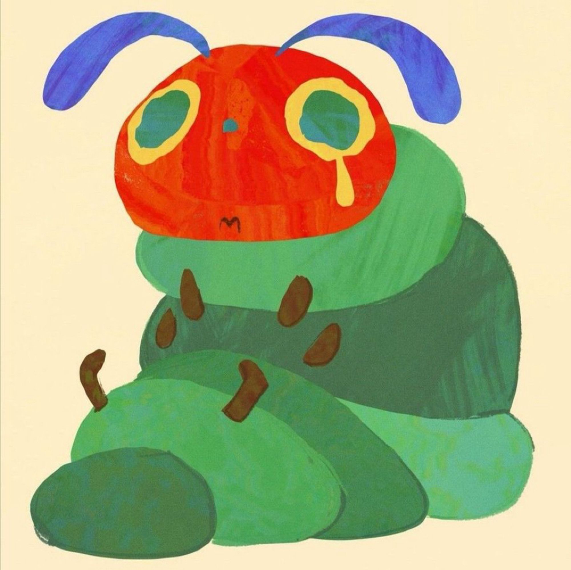 sad green caterpillar from A Very Hungry Caterpillar — art by Mila.useche on IG