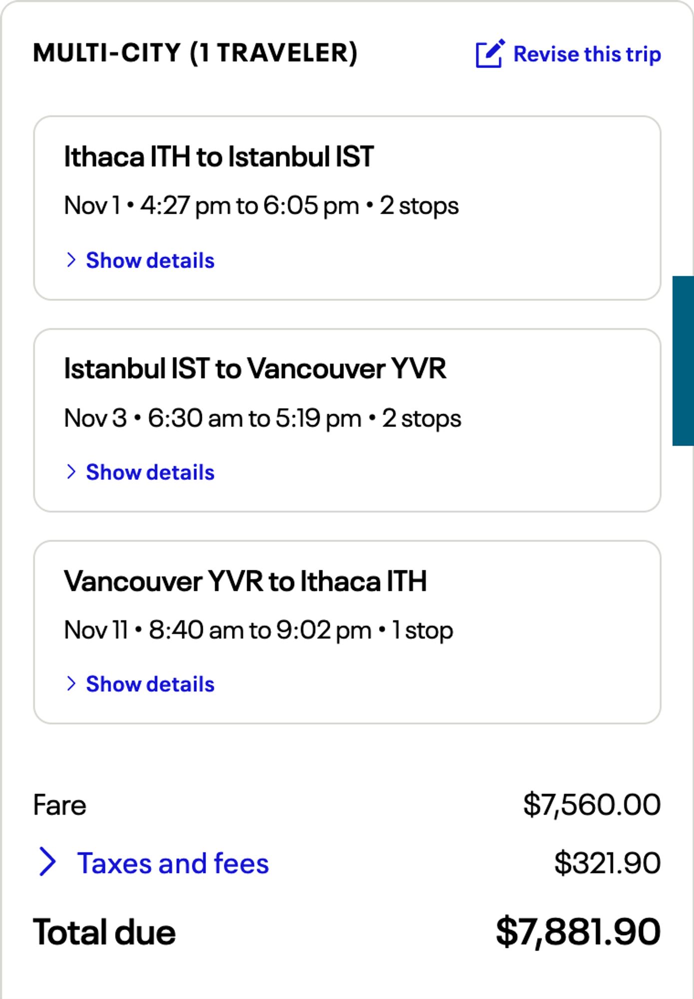 Screenshot of flight cost from Ithaca to Vancouver BC via Istanbul. Total is $7,881.90.