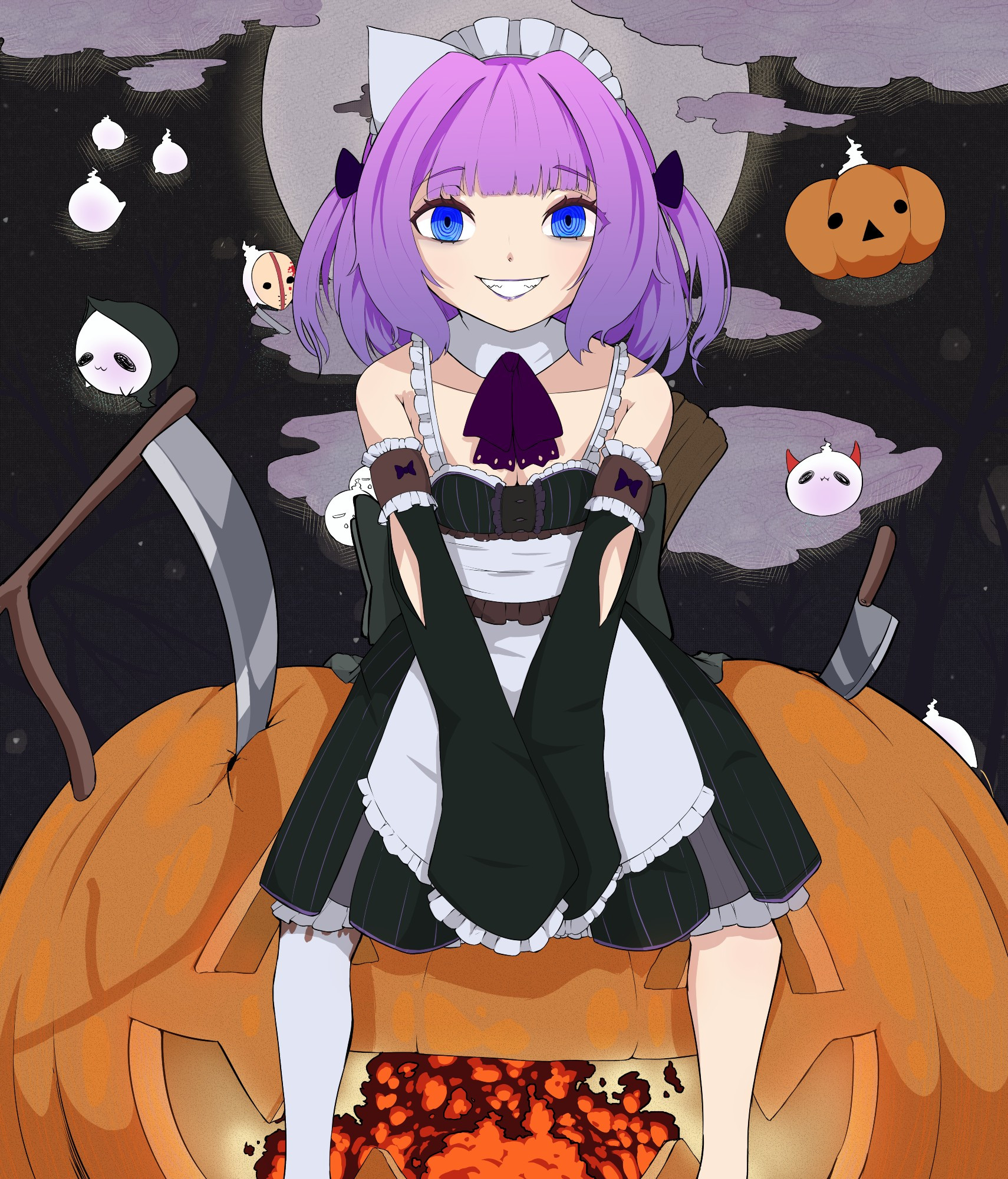 Maid lilac sits on a pumpkin while the wisps wander around behind her, if you look closely to the bottom right you can see a wisp peeing which is me. The background has a moon behind Lilac's head and there is a fire inside of the pumpkins mouth.