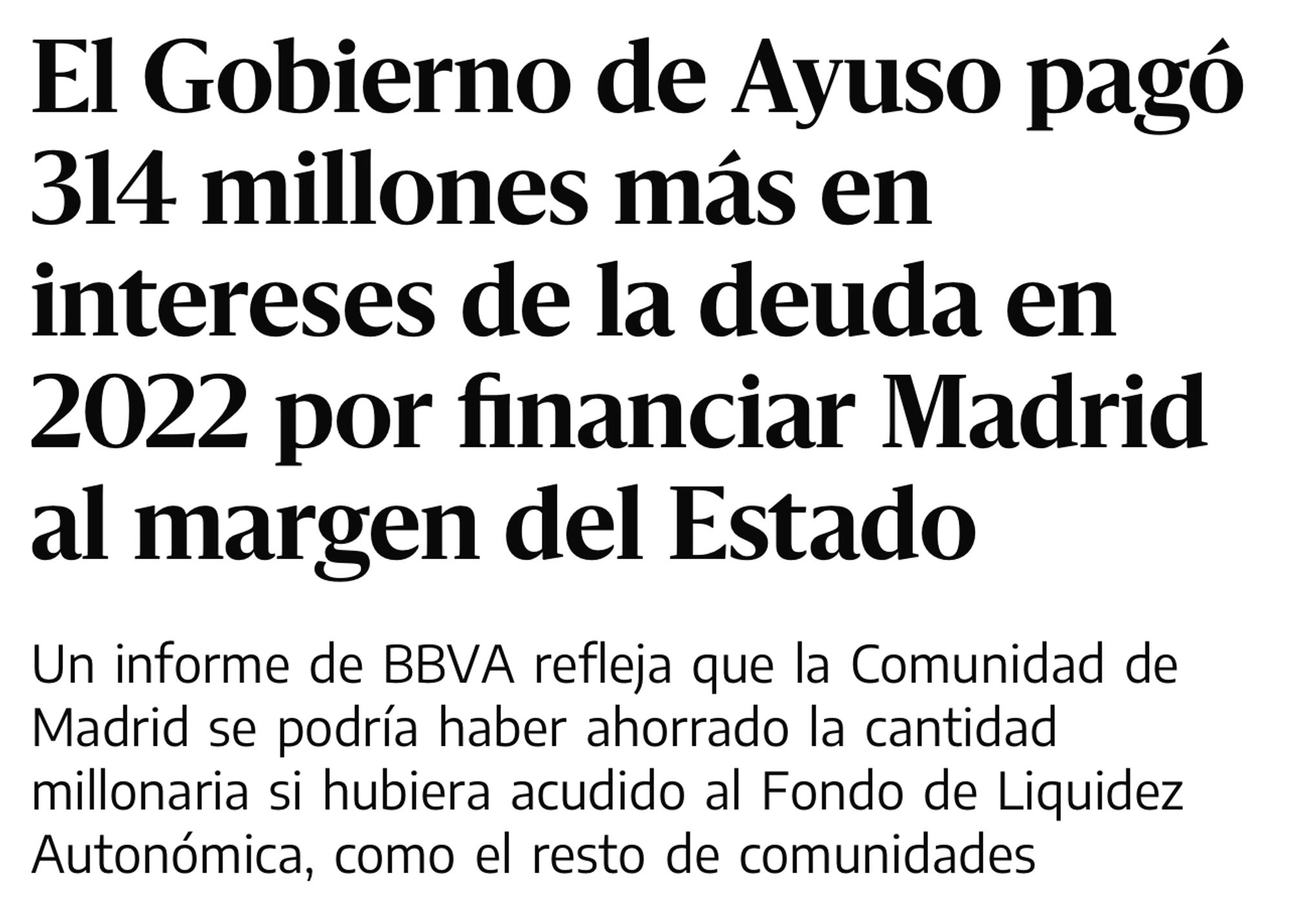 El Gobierno de Ayuso pagó 314 millones más en intereses de la deuda en 2022 por financiar Madrid al margen del Estado
Un informe de BBVA refleja que la Comunidad de Madrid se podría haber ahorrado la cantidad millonaria si hubiera acudido al Fondo de Liquidez Autonómica, como el resto de comunidades