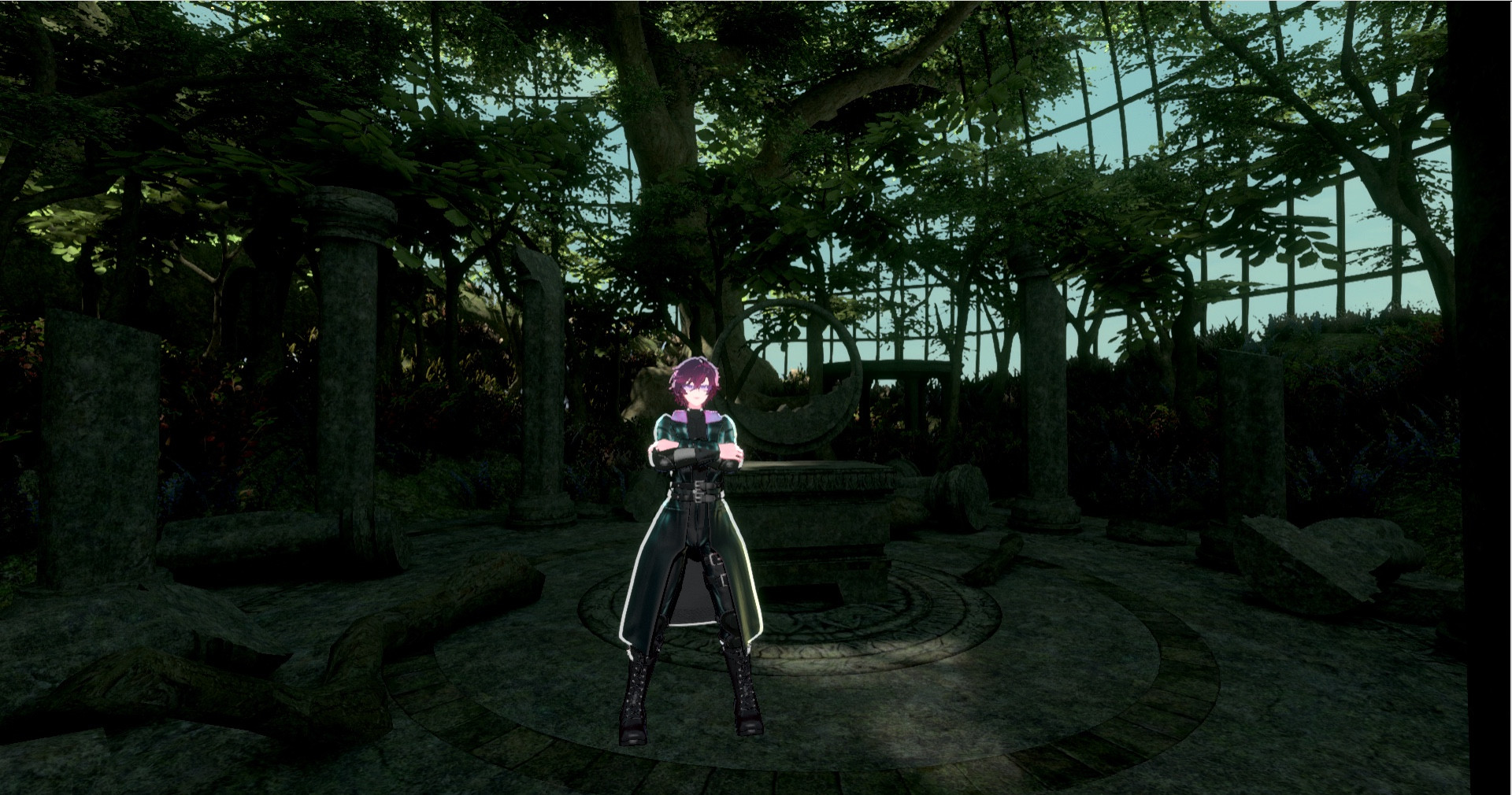 A distant shot of Lady Jaye standing amid a domed ruin, decked out in her black leather coat with colored fur collar, black turtleneck sleeveless bodysuit, black leather pants and lace-up boots, and a series of belts and armor to tie it all together