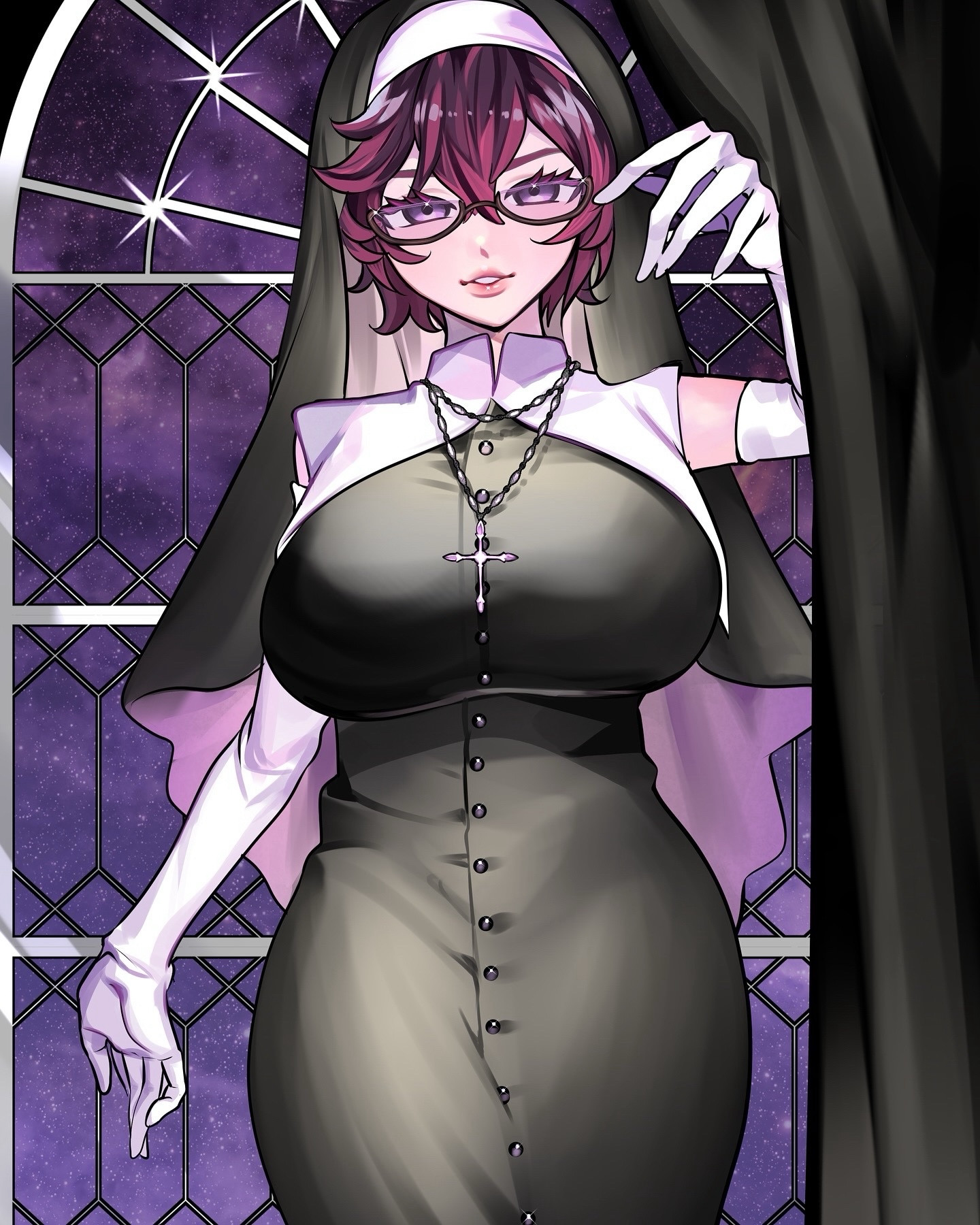 An unframed version of Lady Jaye as a sexy nun, pushing back a black curtain while standing in front of a window against a violet night sky with thin clouds and sparkling stars

Artist: 07