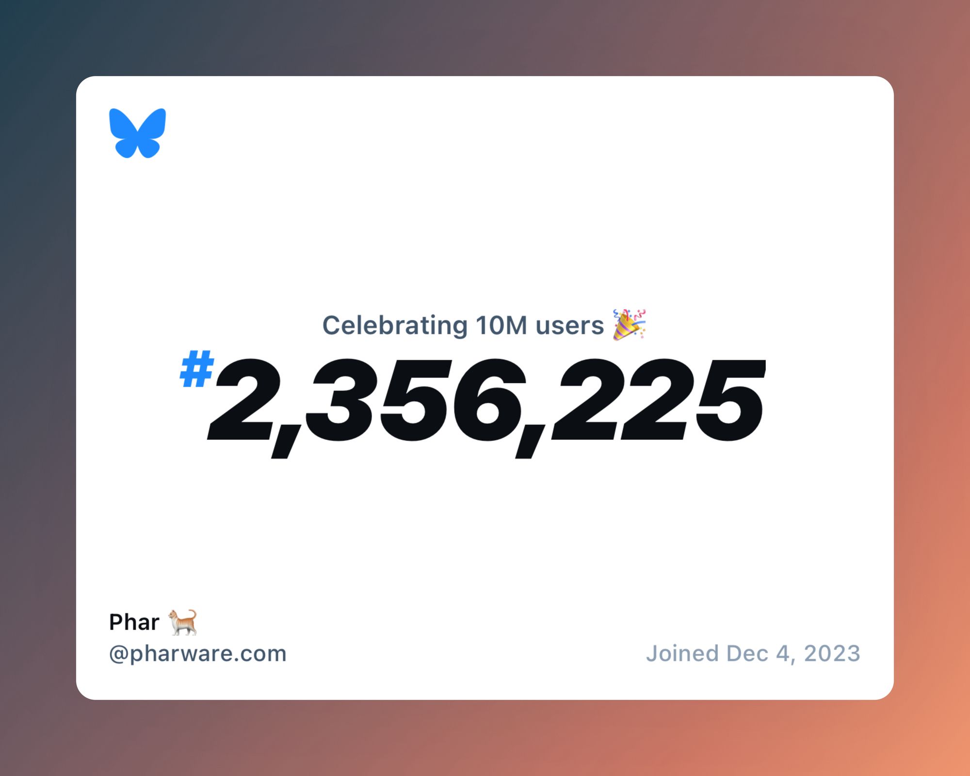 Bluesky celebration of 10 million users, showing I was #2,356,225.