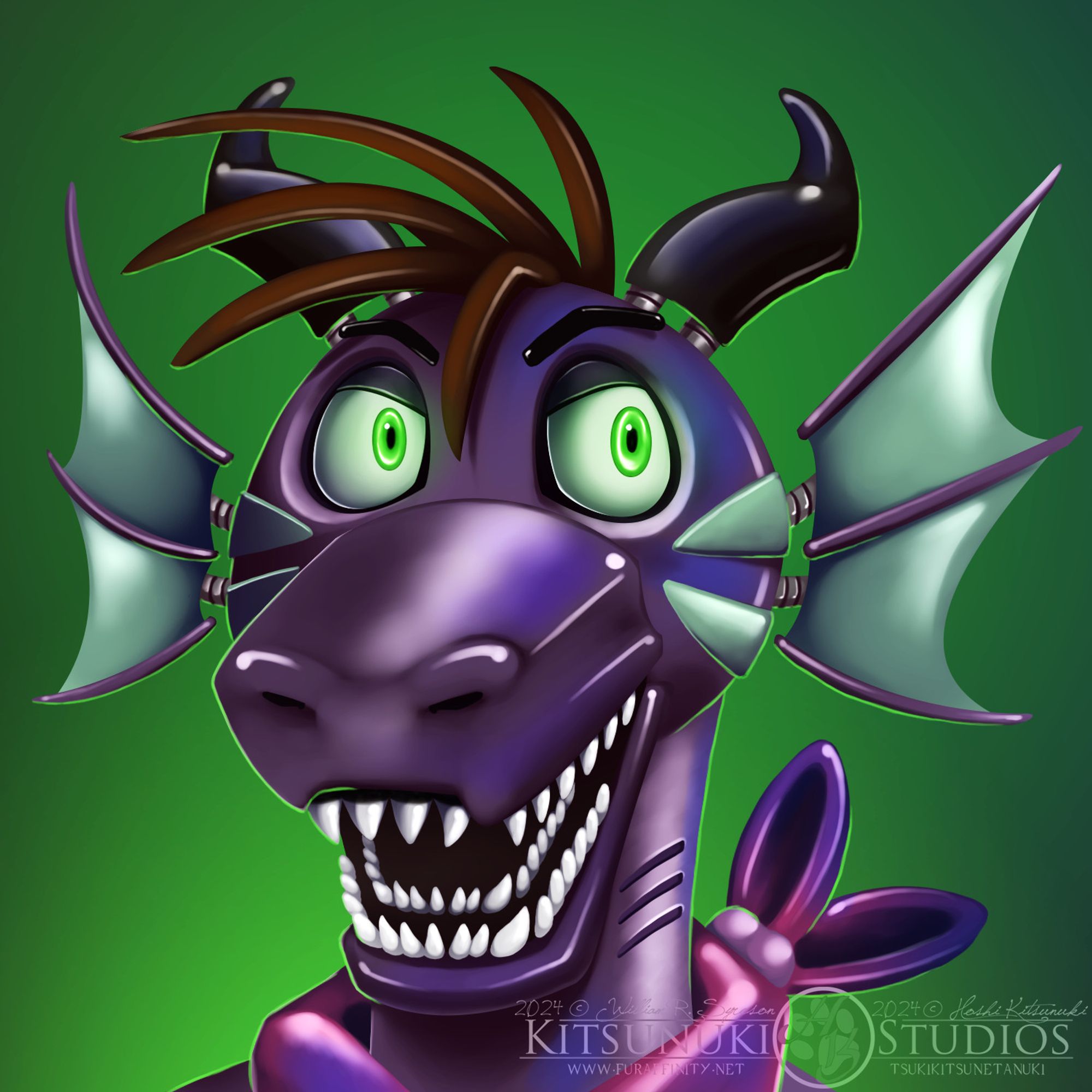 Purple and green original character (OC) based on the Five Nights at Freddy's (FNAF) franchise. Green eyes and multiple sets of razor teeth.