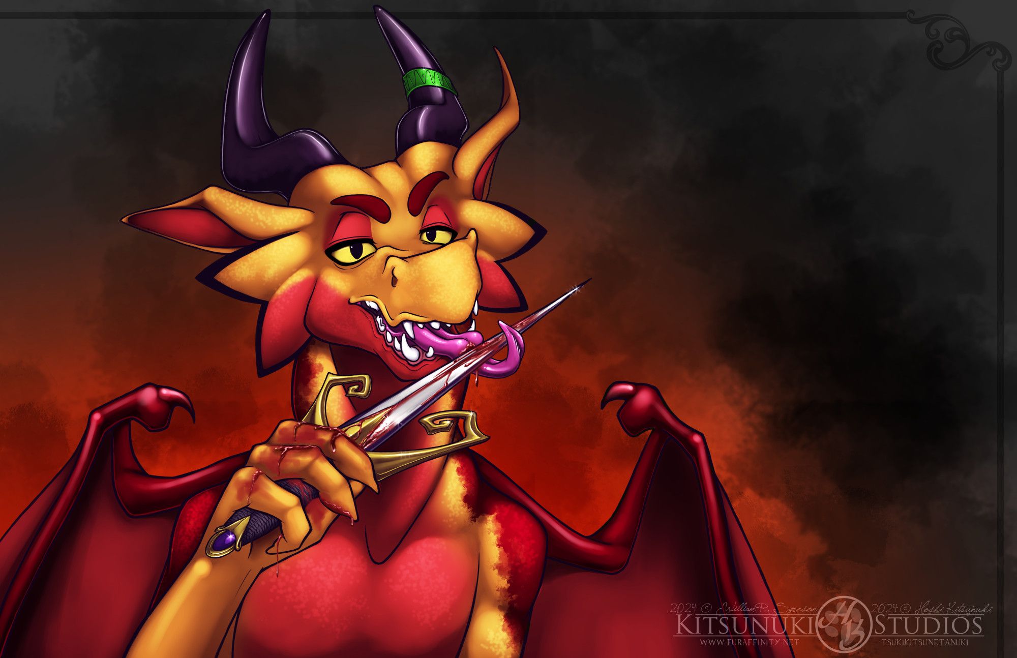 Red and orange dragon licking blood off a fancy dagger.  Horns, wings and sassy attitude included.