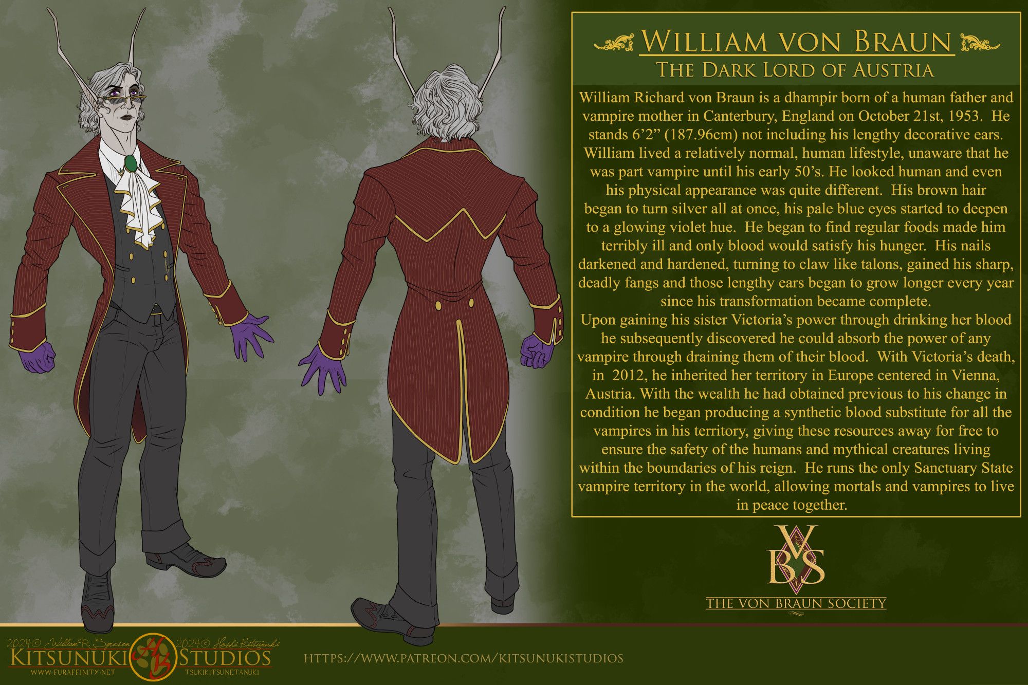 William von Braun, a dhampir (half human, half vampire) reference sheet with a few details about him and his history.  Always clad in dapper attire, he's wearing his favorite burgundy coat, purple gloves, cravat, vest, slick black slacks and wingtip shoes.