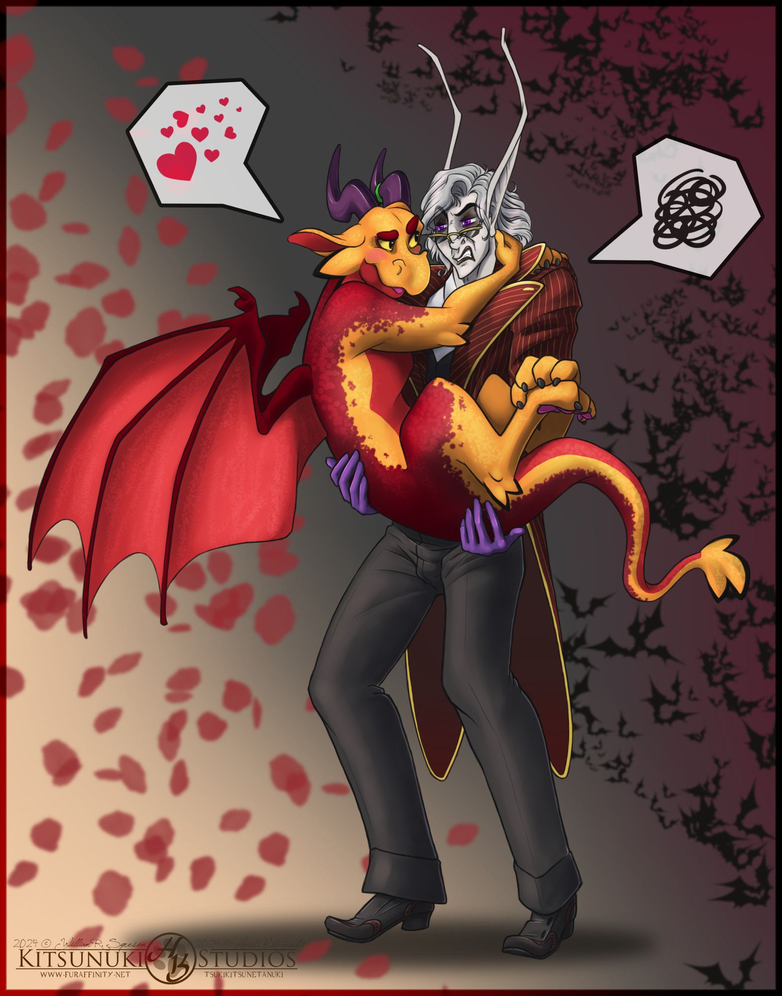 William von Braun and Skyla (Devin) expressing their appreciation for each other in a pose inspired by Shaggy and Scooby-doo.  William is holding the red and orange dragon reluctantly in his arms while Skyla tries to convince the dhampir to give him kisses.