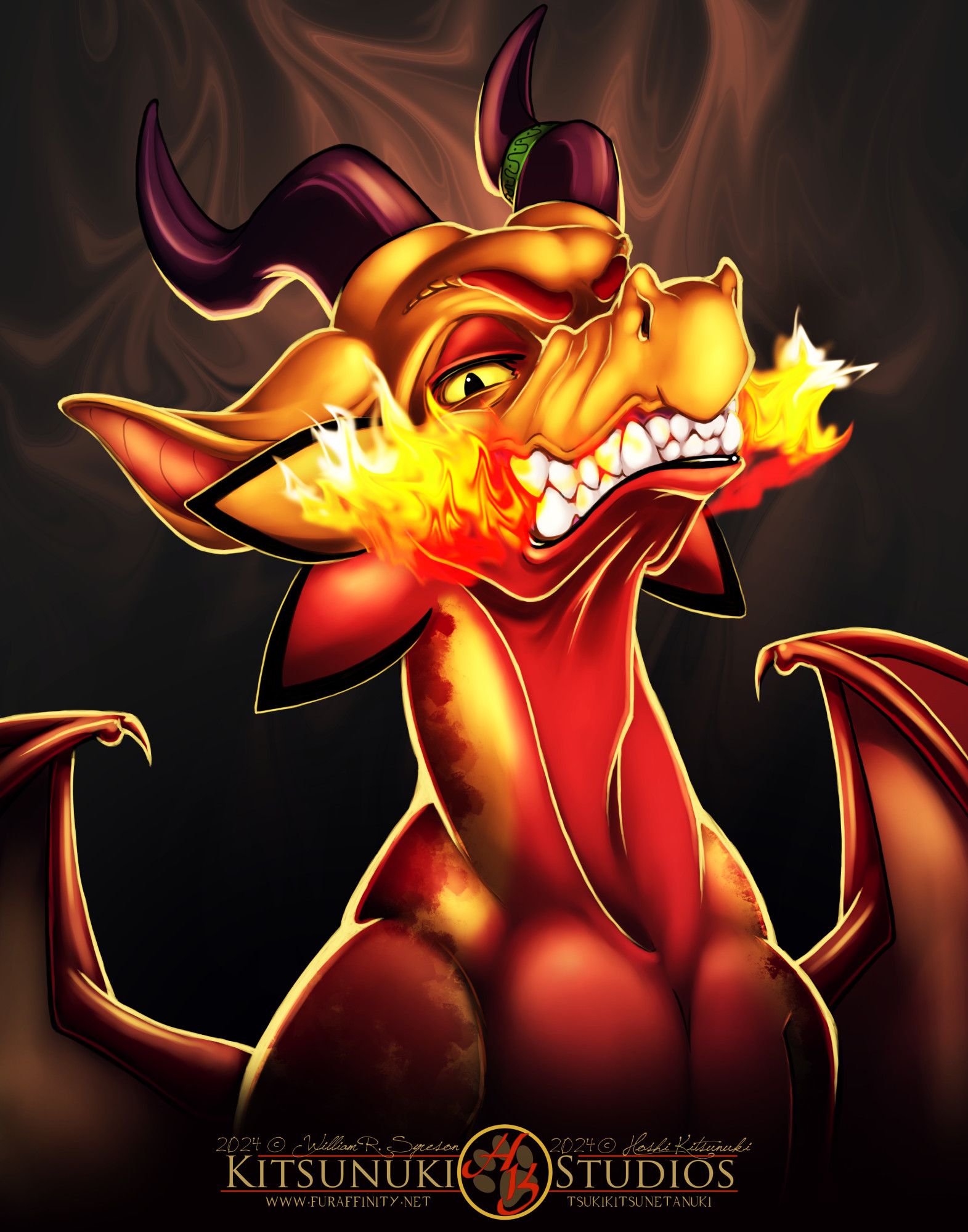 Red and orange dragon with wings, horns and a ferocious attitude.  Breathing fire through his teeth with dramatic back lighting.