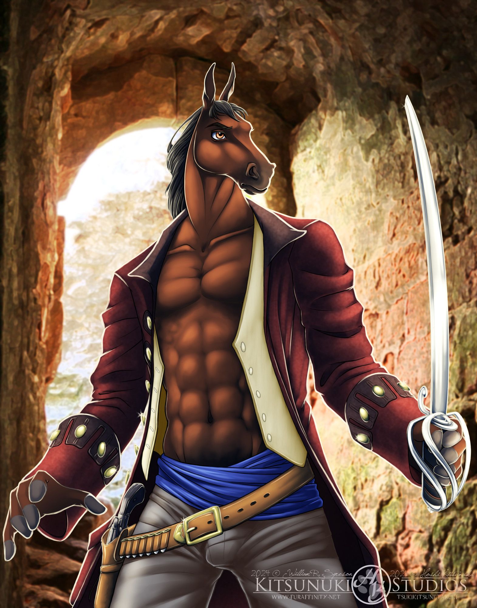 A stallion explorer walking into the depths of a ruin with his sword drawn.