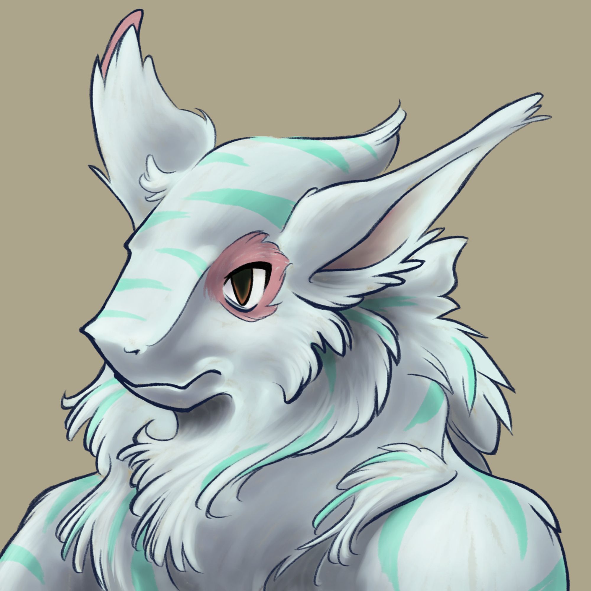 The sergal Ixiash in the head shot style featured in Final Fantasy Tactics FFT.  He's white with teal stripes and little splashes of red.