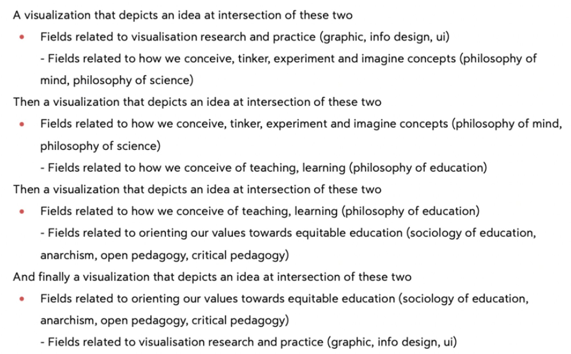 A visualization that depicts an idea at intersection of these two 
- Fields related to visualisation research and practice (graphic, info design, ui) - Fields related to how we conceive, tinker, experiment and imagine concepts (philosophy of mind, philosophy of science)
Then a visualization that depicts an idea at intersection of these two  
- Fields related to how we conceive, tinker, experiment and imagine concepts (philosophy of mind, philosophy of science) - Fields related to how we conceive of teaching, learning (philosophy of education)
Then a visualization that depicts an idea at intersection of these two  
- Fields related to how we conceive of teaching, learning (philosophy of education) - Fields related to orienting our values towards equitable education (sociology of education, anarchism, open pedagogy, critical pedagogy)
And finally a visualization that depicts an idea at intersection of these two 
- Fields related to orienting our values towards equitable education