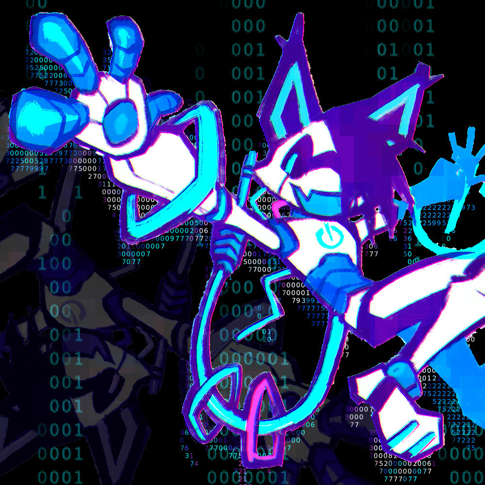 A neon robotic cat reaching its right hand out to the viewer, with binary and numerical code in the background.