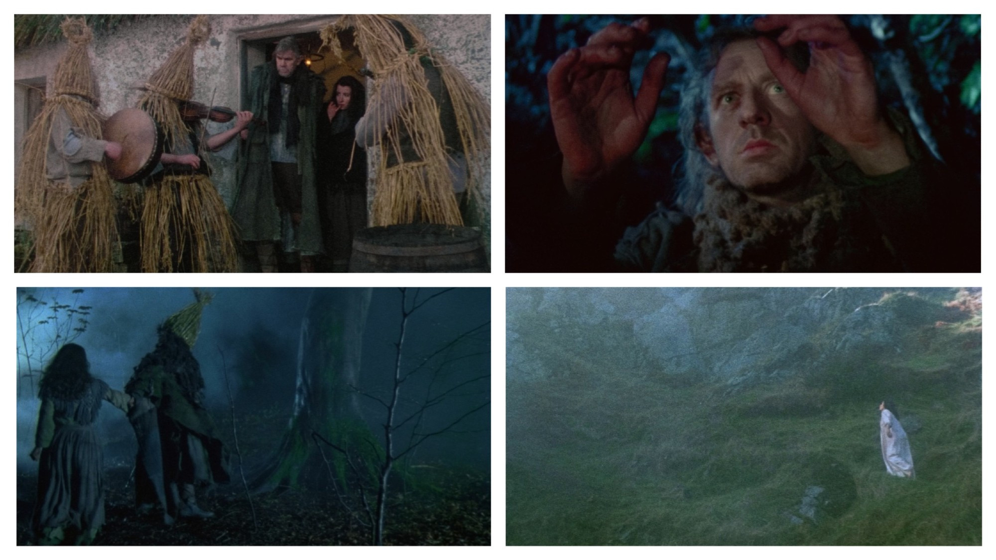 four film stills: three 'mummer' minstrels outside a cottage where a man and a young woman meet them at the door; Mick Lally as Scarf Michael; two figures head into the dark and misty woods; Mary Ryan as Maura scales a steep rugged hillside.