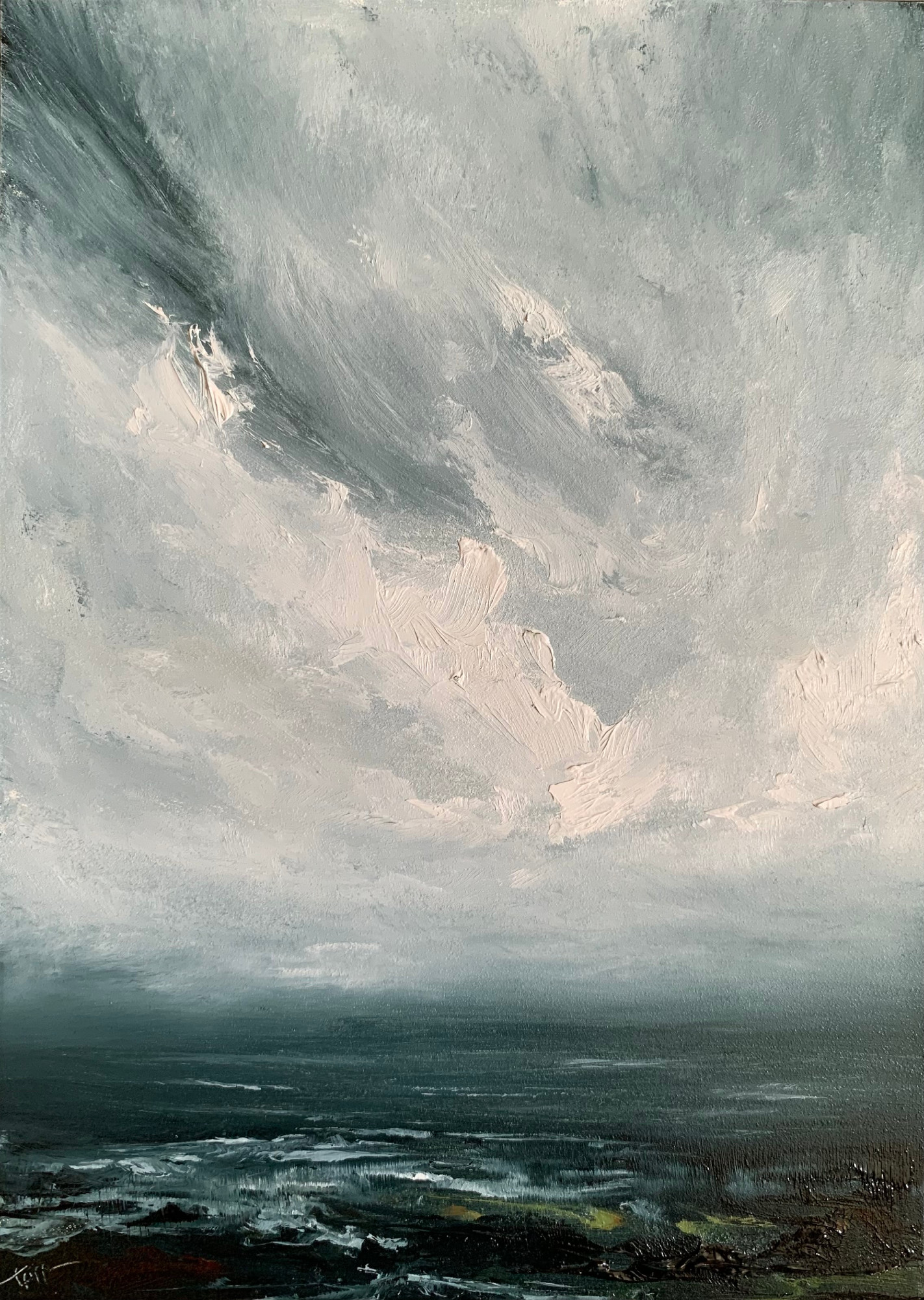 Original seascape oil painting by Tisha Mark, "September Afternoon" oil on Ampersand Gessobord, 7"x5" (2024), shown in a traditional black frame at an angle from left. Moody, atmospheric seascape with a hint of earth tones at the coast.