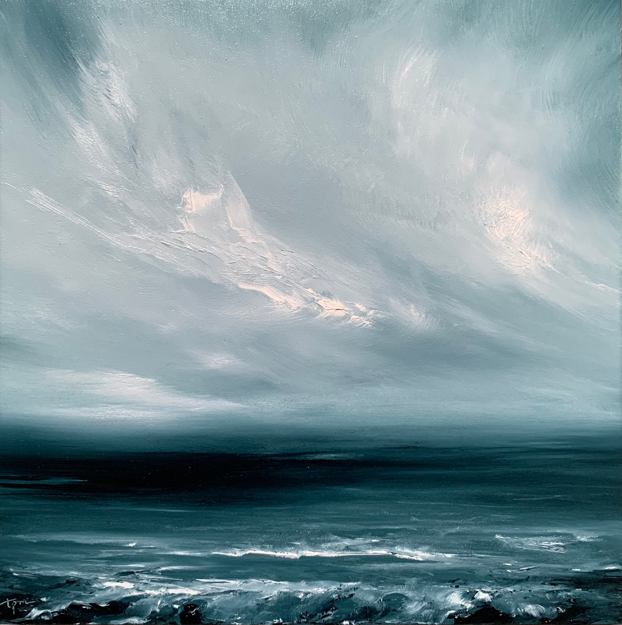 Original seascape oil painting by Tisha Mark, "Finding Calm" oil on Ampersand Gessobord, 8"x8" (2024). Soothing seascape painting with softly layered white cloud formations over a dark blue sea with a rocky shore. Painted in a limited palette of blues and whites.