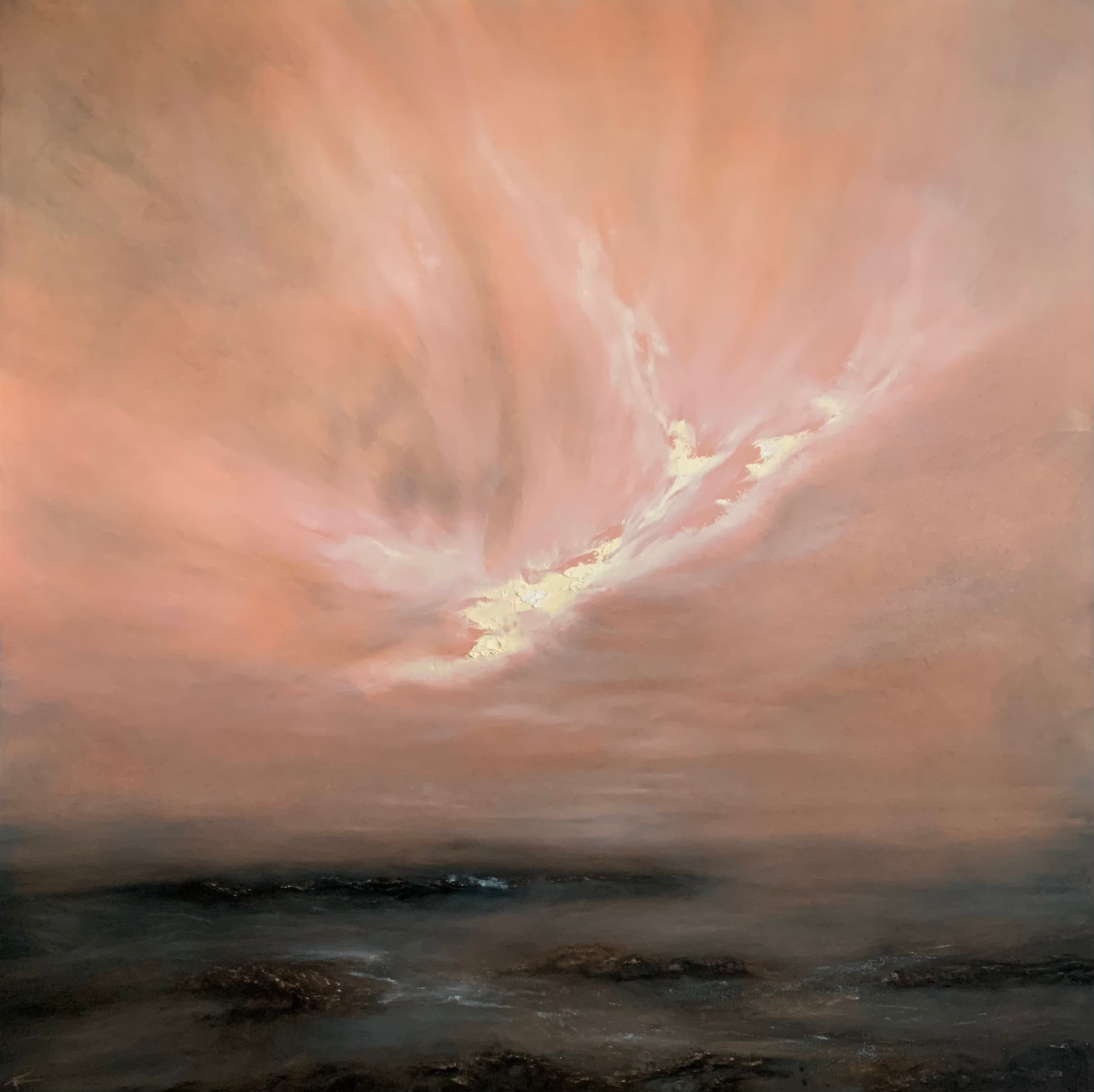 Original seascape oil painting by Tisha Mark, "After the Storm" 30"x30" oil on cradled gessobord (2024). Moody seascape with an orange-toned sky with big dramatic textured light yellow light breaking through after a storm. Subtle light is reflected in the textured rocky waters below the sky.